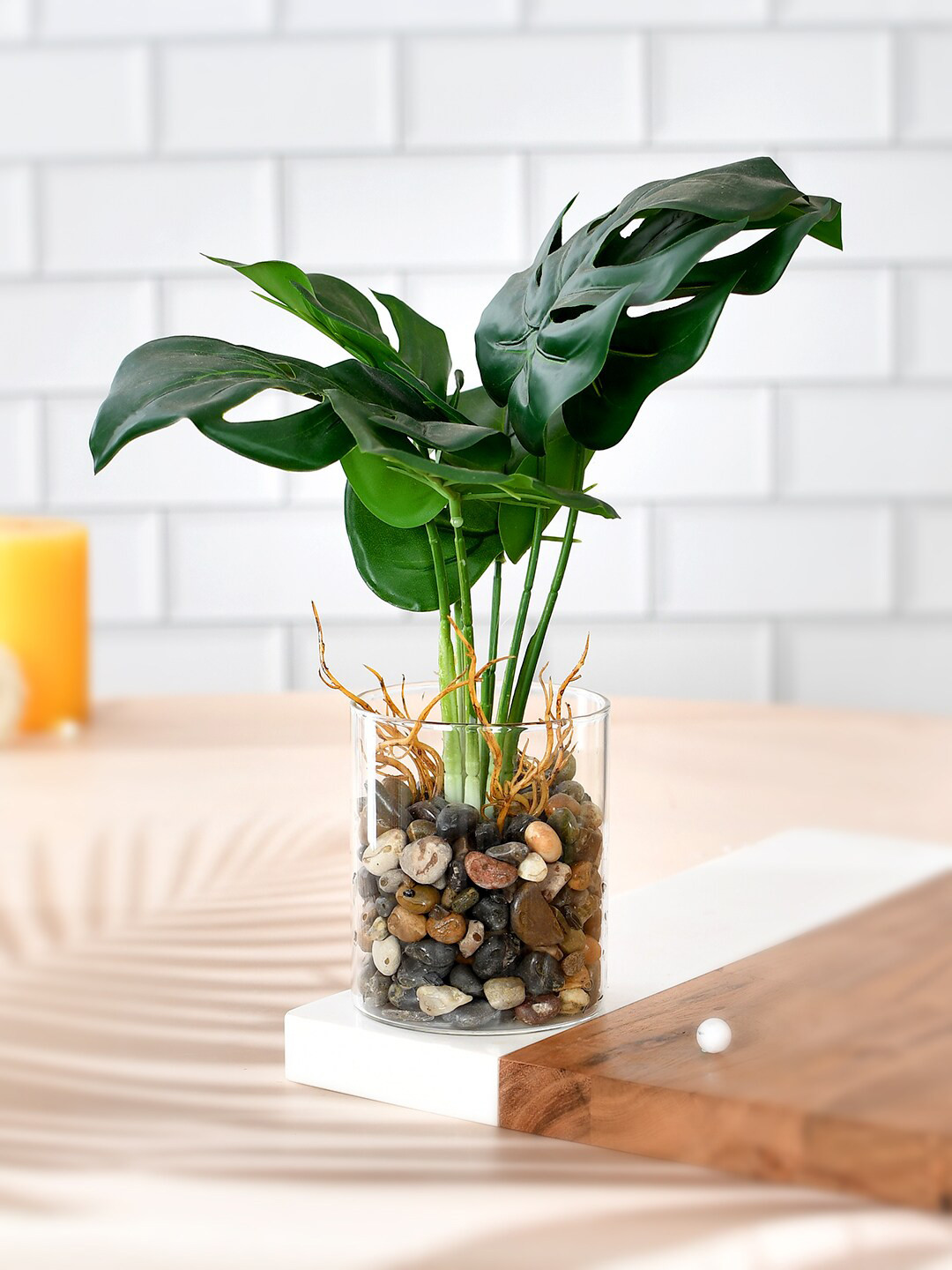 TAYHAA Green Artificial Croton Plant with Glass Pot