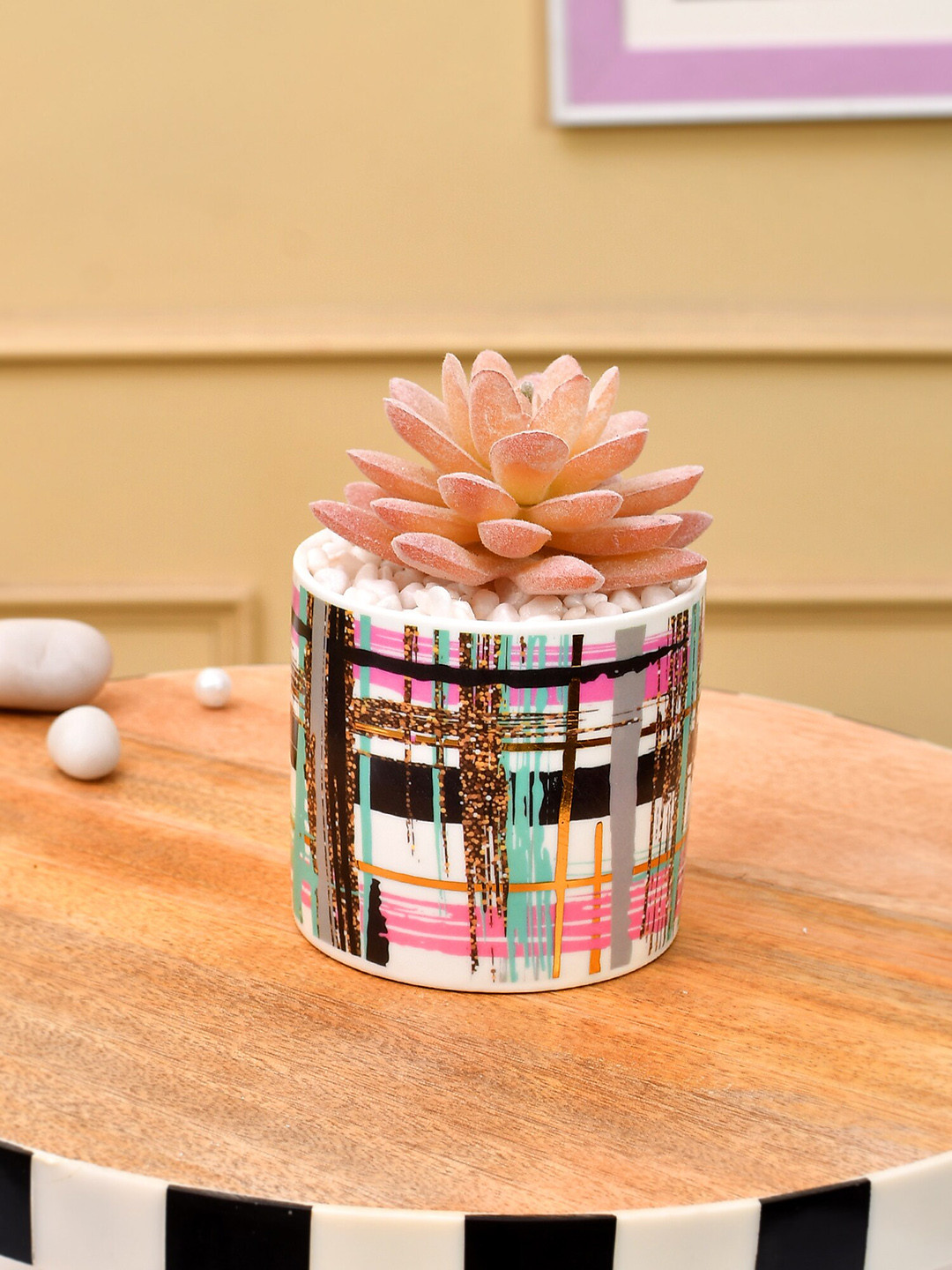 TAYHAA Pink & White Printed Succulent Artificial Plant With Pot