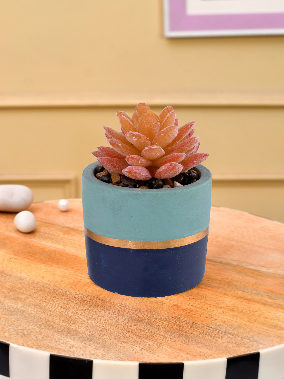 TAYHAA Blue & Gold Toned Printed Sucullent Artificial Plant With Pot