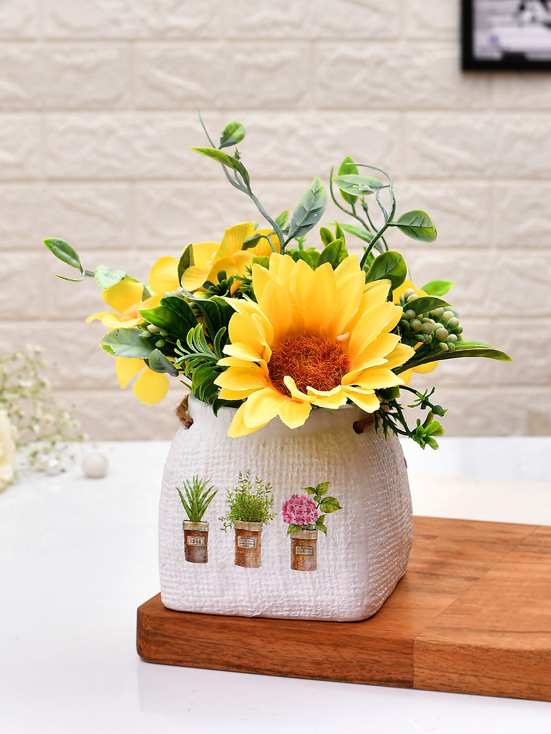 TAYHAA Yellow & Green Printed Sunflower Artificial Flower With Pot