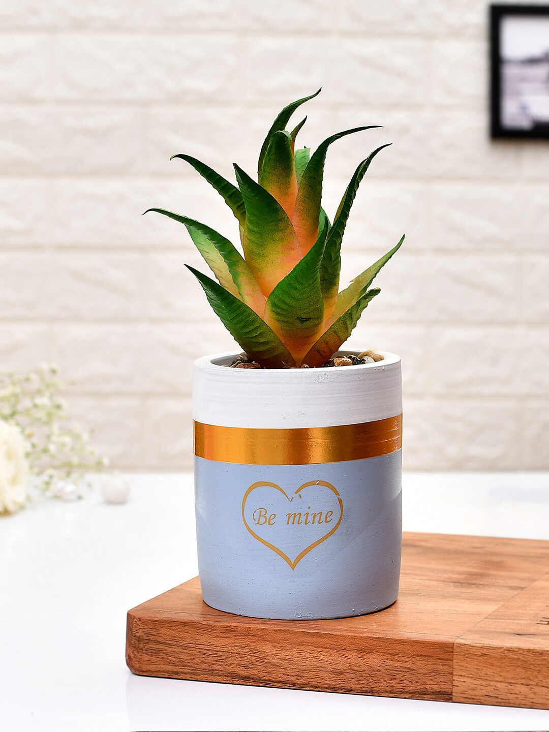 TAYHAA Green & Blue Printed Sucullent Artificial Plant With Pot