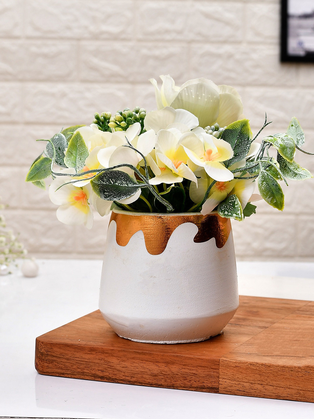 TAYHAA White & Green Printed Freesia Artificial Flower With Pot