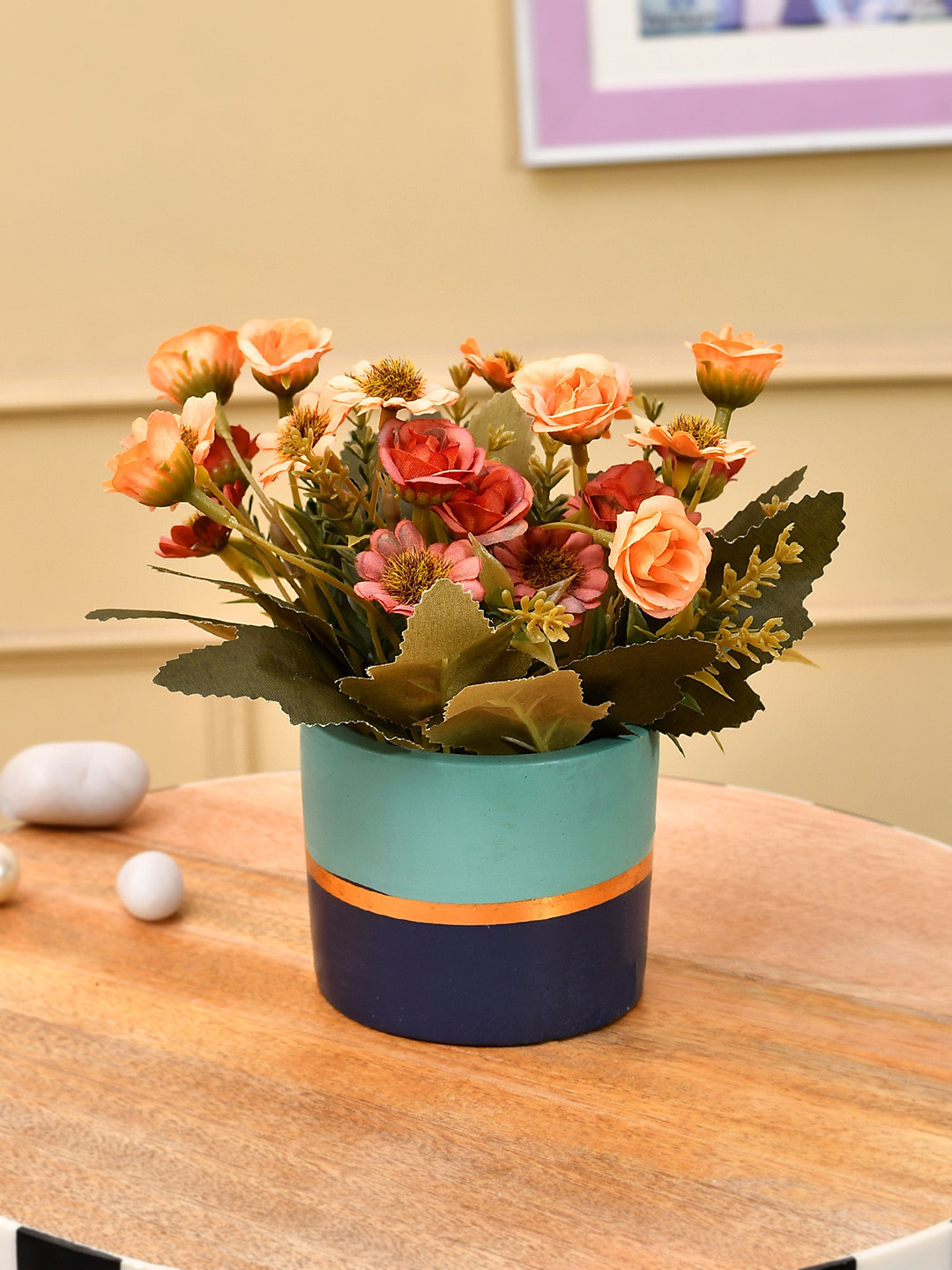 TAYHAA Pink & Green Printed Daisy & Camellia Artificial Flower With Pot