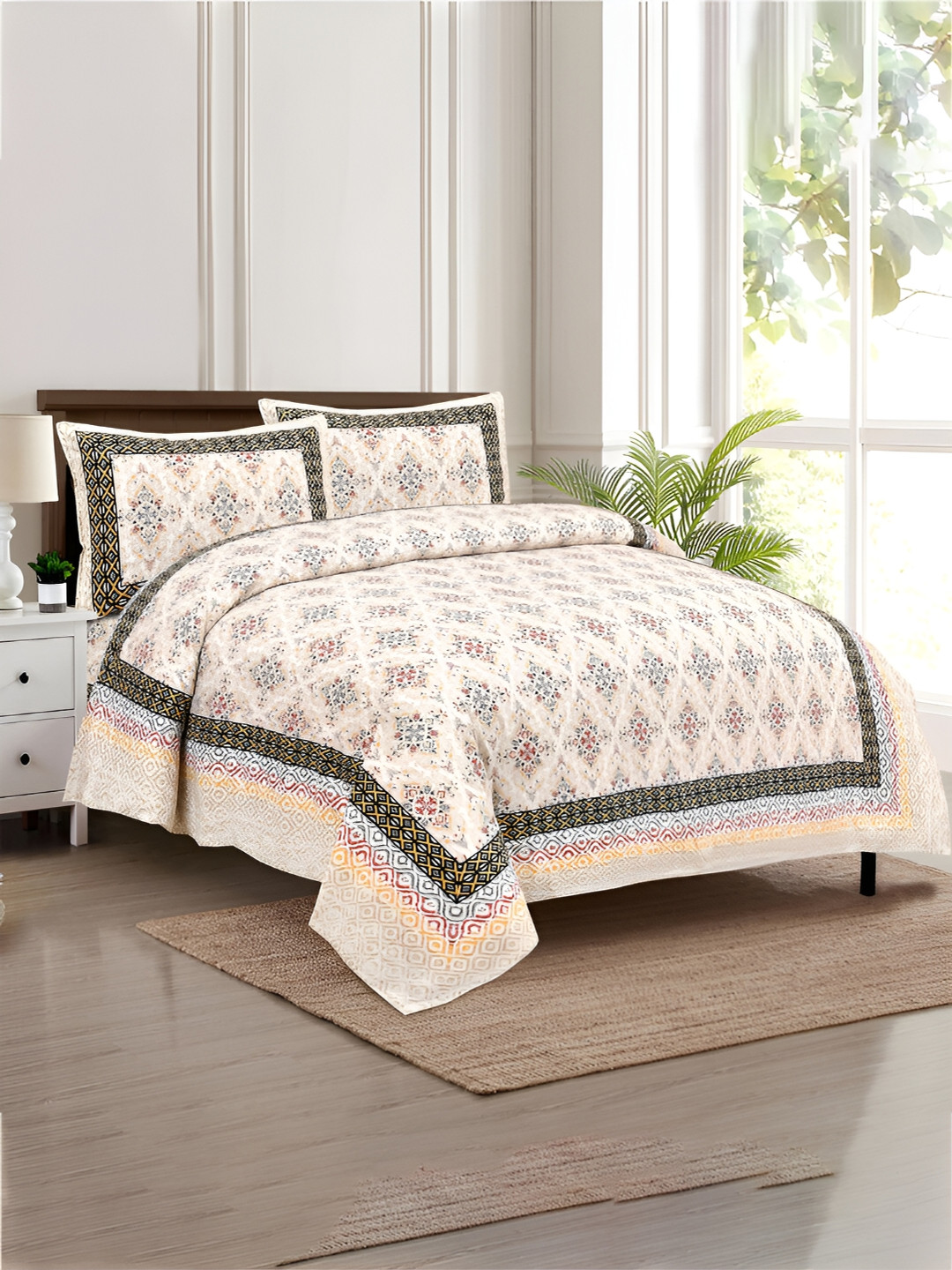 Kuber Industries Dezier Cream Ethnic Motifs Cotton 160 TC King Bedsheet with 2 Pillow Covers-107 x 90 inches