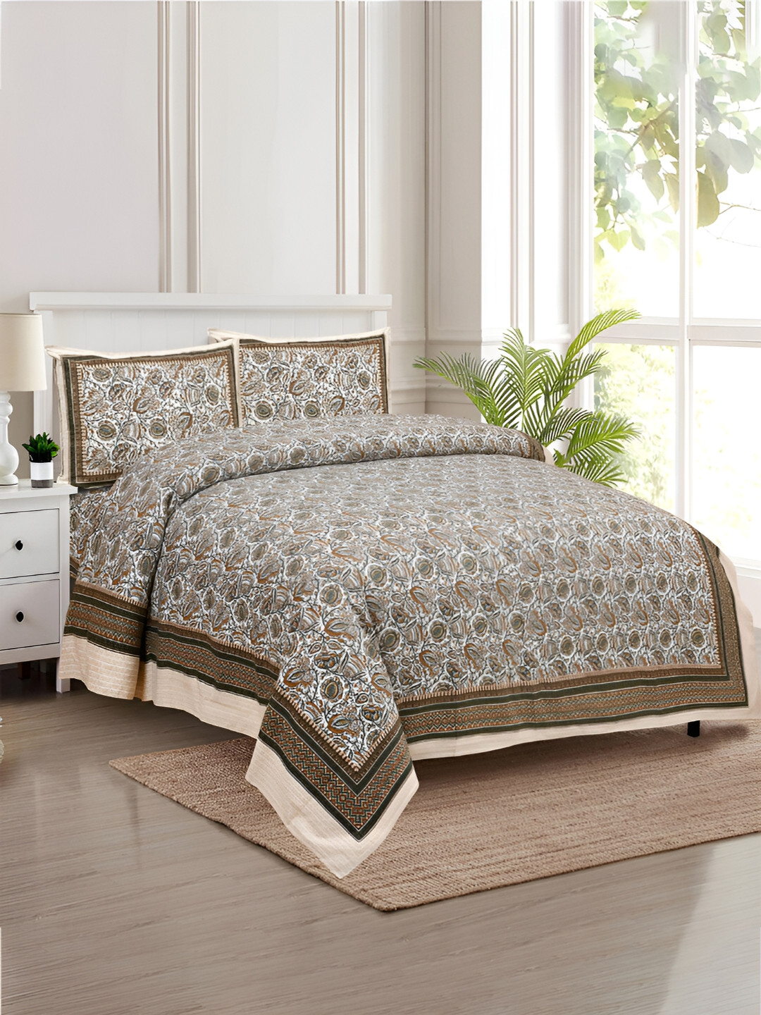 Kuber Industries Dezier Bell Beige Graphic Cotton Wrinkle Free 160 TC King Bedsheet with 2 Pillow Covers-107 x 90 inches