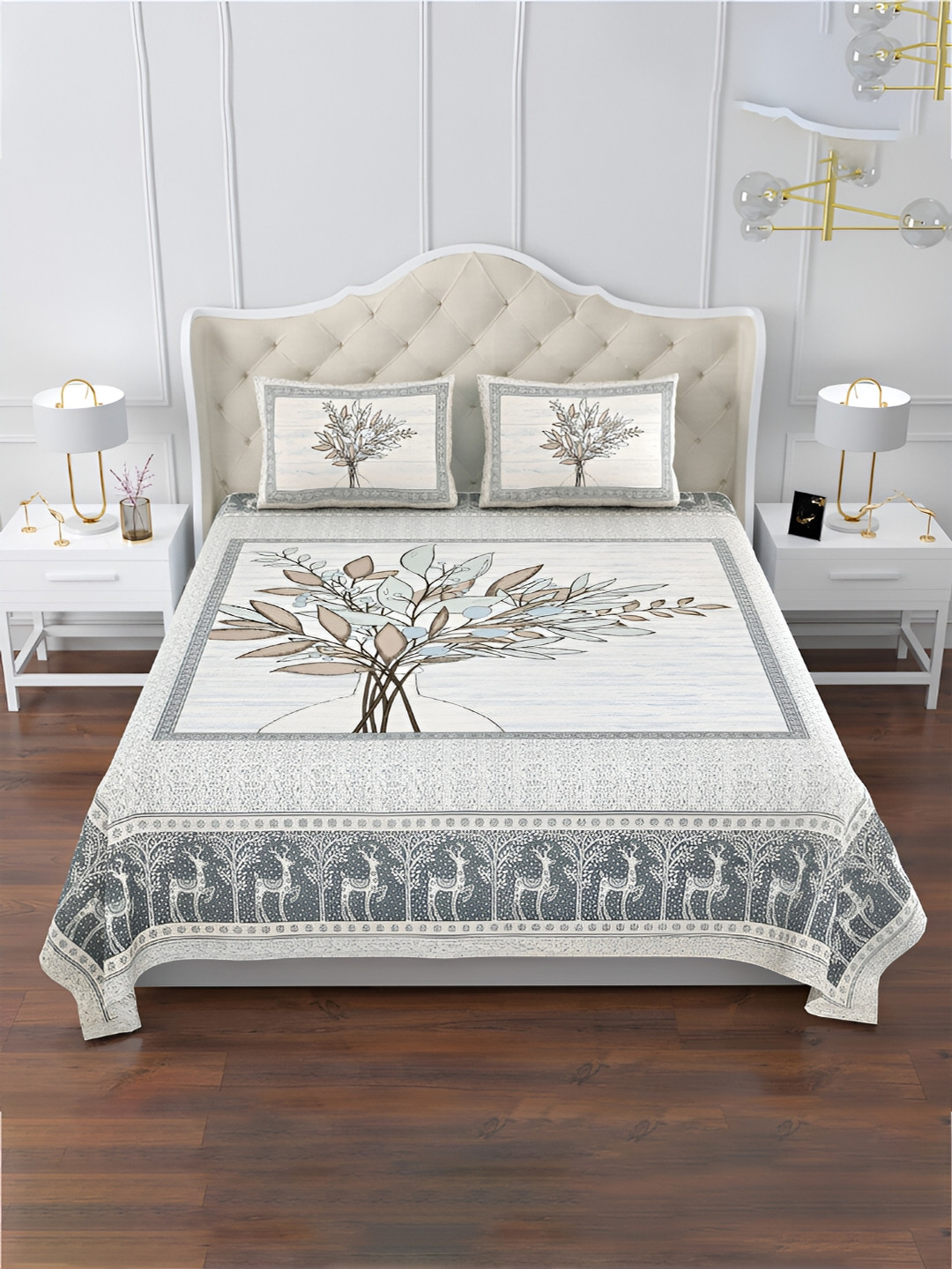 Kuber Industries Photo Frame Tree Blue Ethnic Motifs Cotton Wrinkle Free 160 TC King Bedsheet with 2 Pillow Covers-107 x 90 inches