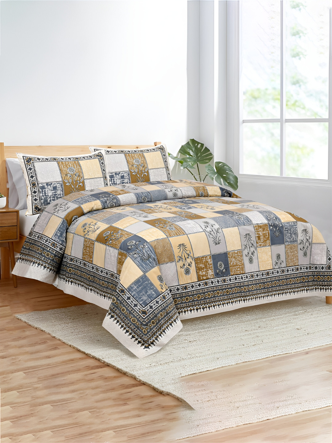 Kuber Industries Candy Flower Grey Floral Cotton Wrinkle Free 160 TC King Bedsheet with 2 Pillow Covers-107 x 90 inches