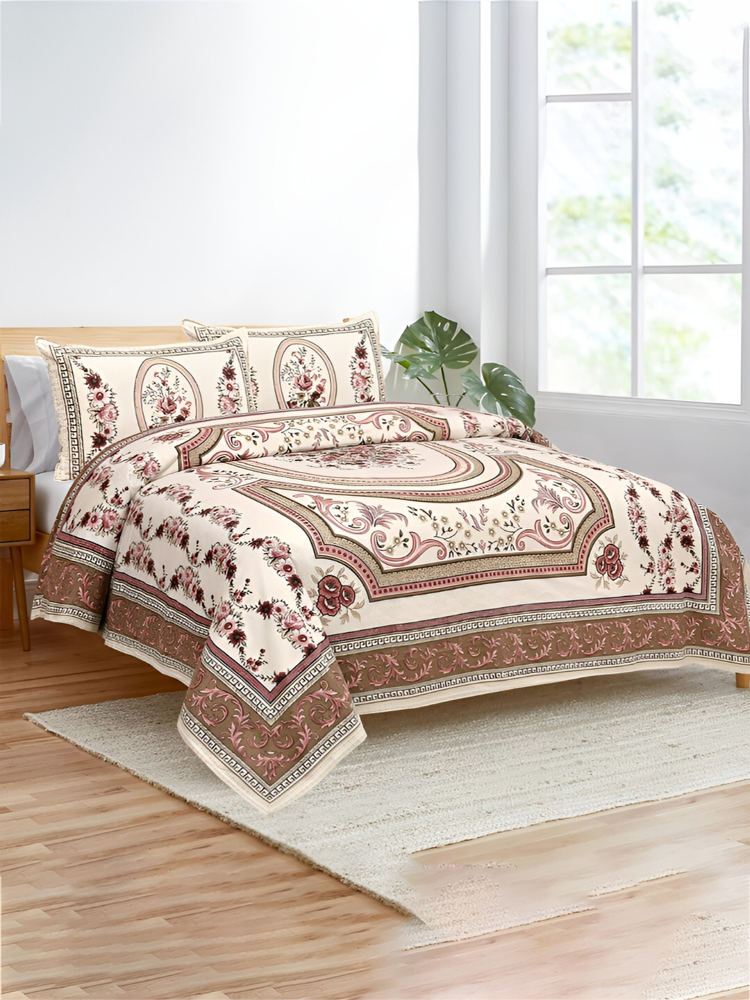 Kuber Industries Kaleen Flower Pink Graphic Cotton Wrinkle Free 160 TC King Bedsheet with 2 Pillow Covers-107 x 100 inches