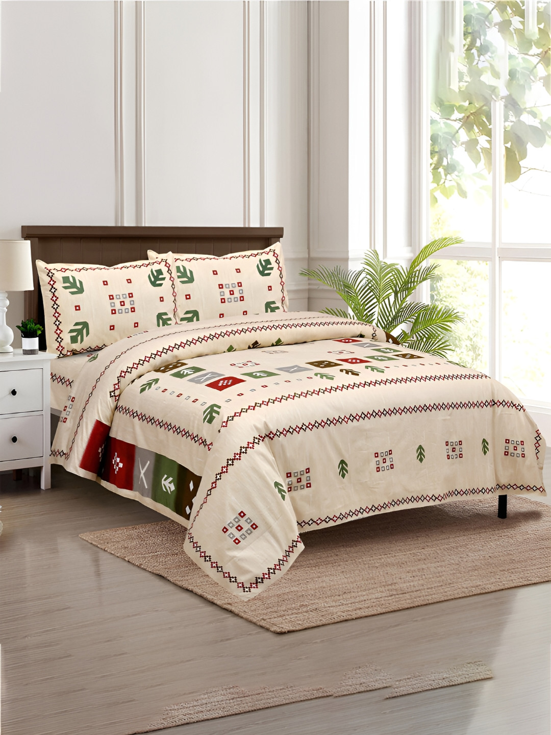 Kuber Industries Rusty Plus Border Cream Graphic Cotton Wrinkle Free 160 TC King Bedsheet with 2 Pillow Covers-107 x 100 inches