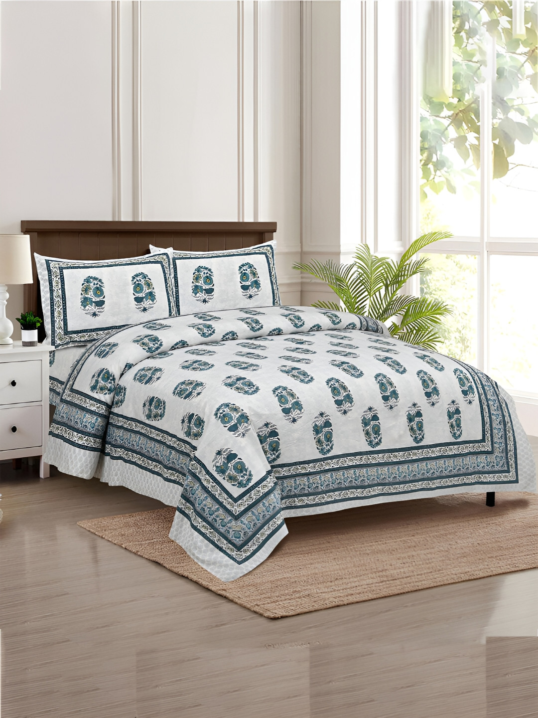 Kuber Industries Dezier Flower Boota Green Floral Cotton Wrinkle Free 160 TC King Bedsheet with 2 Pillow Covers-107 x 100 inches