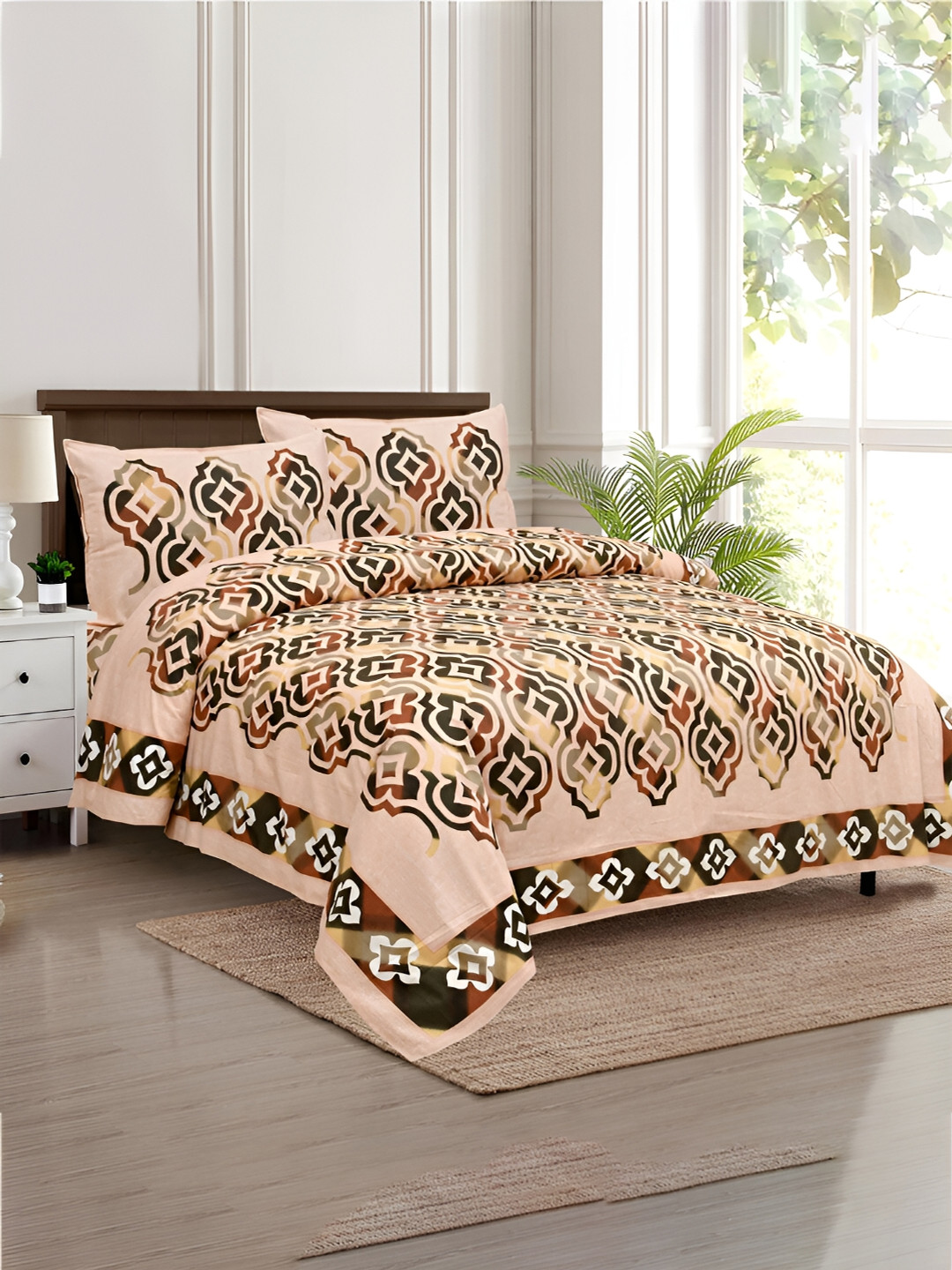 Kuber Industries Rusty Star Peach Ethnic Motifs Cotton Wrinkle Free 160 TC King Bedsheet with 2 Pillow Covers-107 x 100 inches