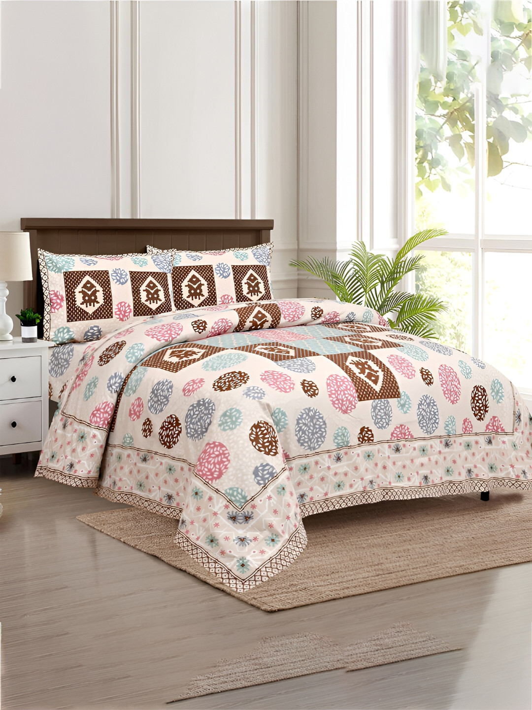 Kuber Industries Arabic Beauty Gola Cream Graphic Cotton Wrinkle Free 160 TC King Bedsheet with 2 Pillow Covers-107 x 90 inches