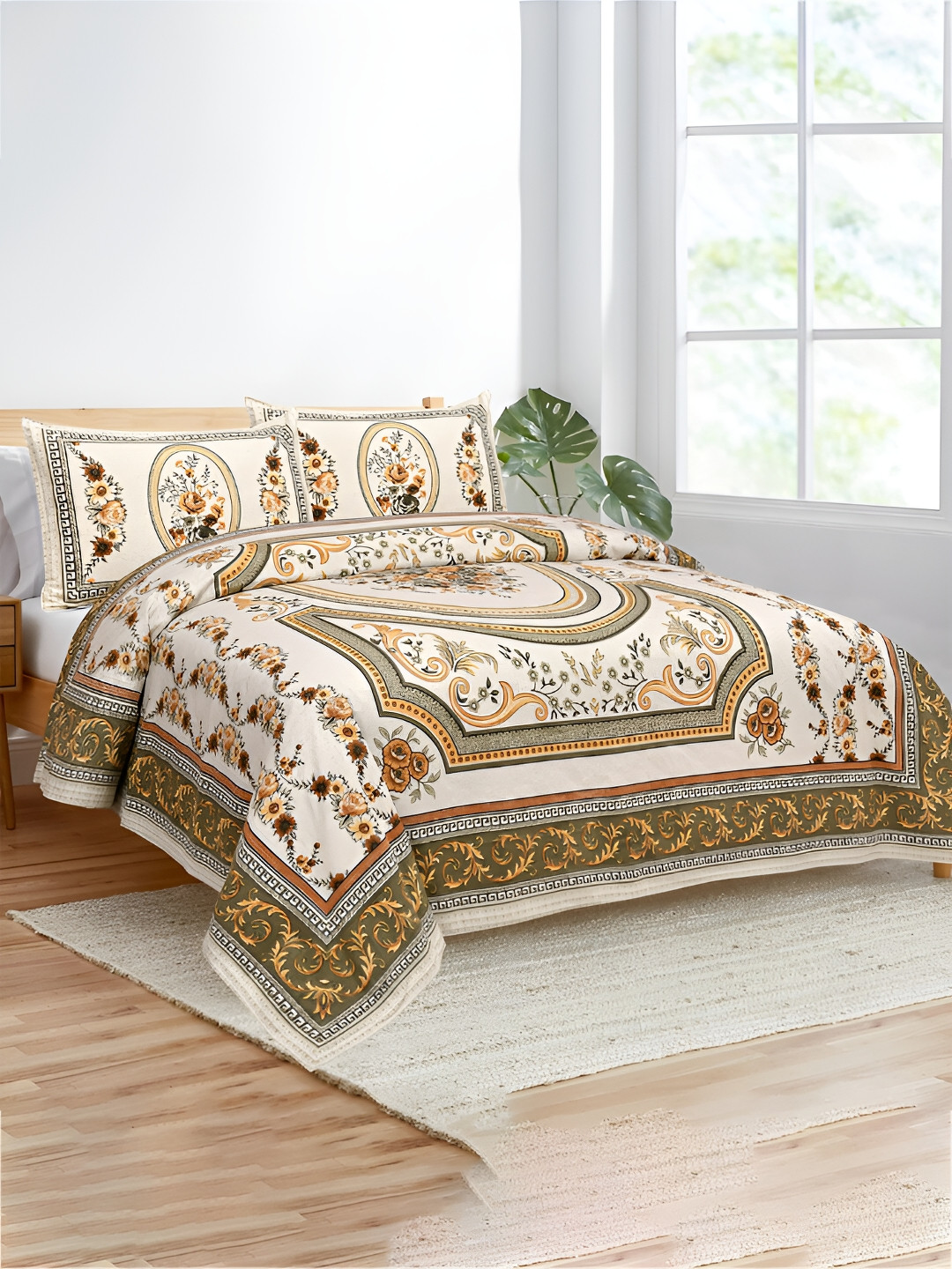 Kuber Industries Yellow Floral Cotton Wrinkle Free 160 TC King Bedsheet with 2 Pillow Covers-107 x 90 inches