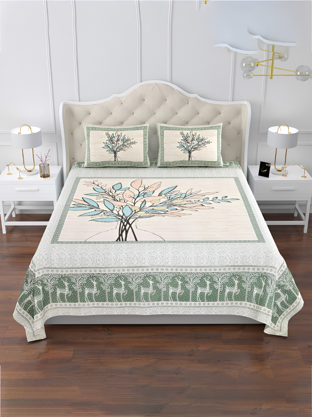 Kuber Industries Photo Frame Tree Green Graphic Cotton Wrinkle Free 160 TC King Bedsheet with 2 Pillow Covers-107 x 90 inches