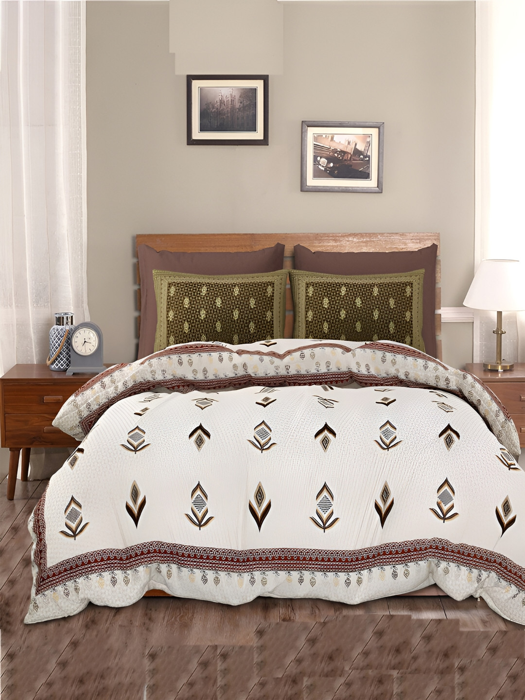 Kuber Industries Katli Flower Brown Ethnic Motifs Cotton Wrinkle Free 160 TC King Bedsheet with 2 Pillow Covers-107 x 90 inches