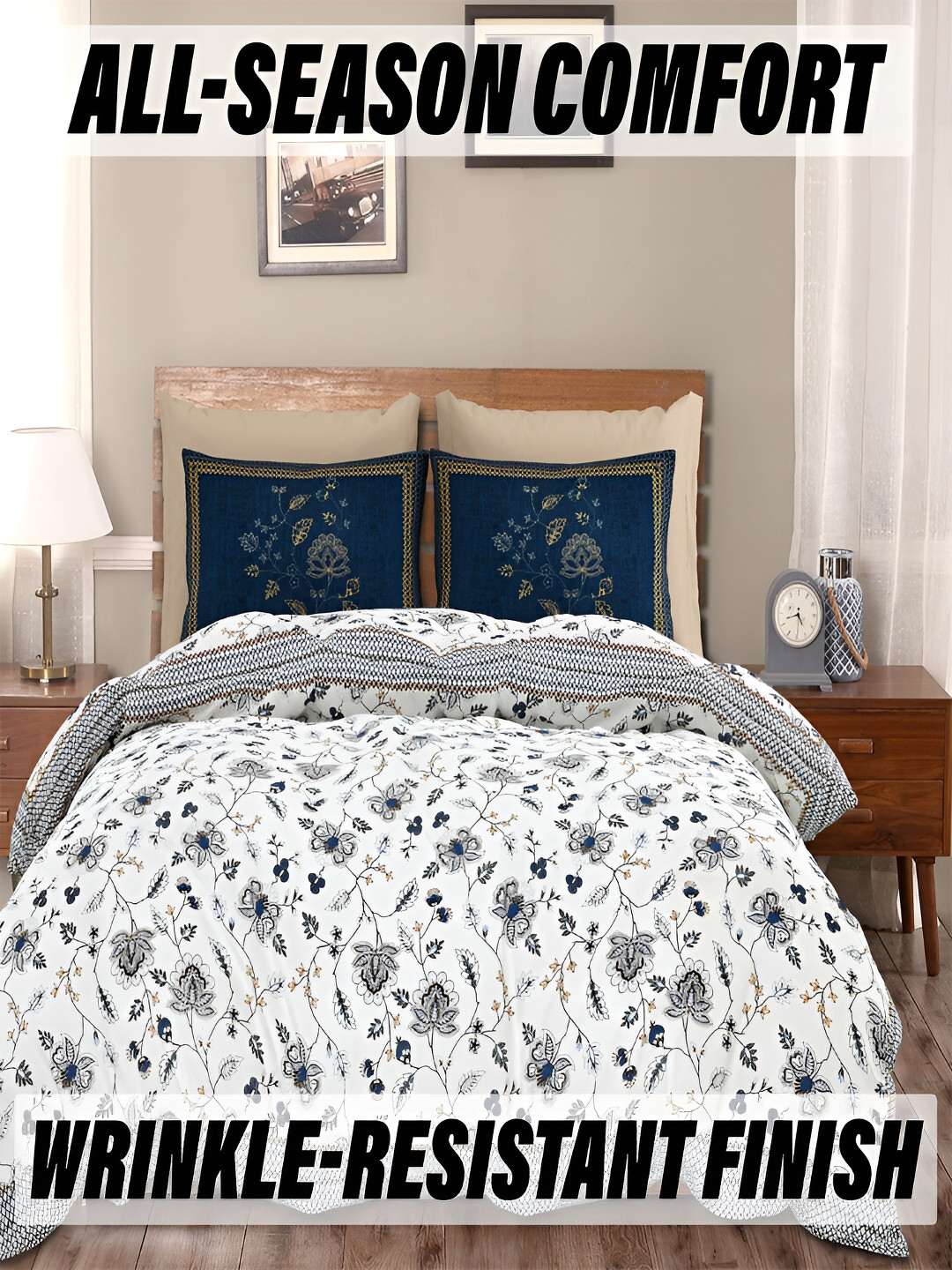 Kuber Industries Zig-Zag Blue Floral Cotton Wrinkle Free 160 TC Fitted King Bedsheet with 2 Pillow Covers-107 x 90 inches