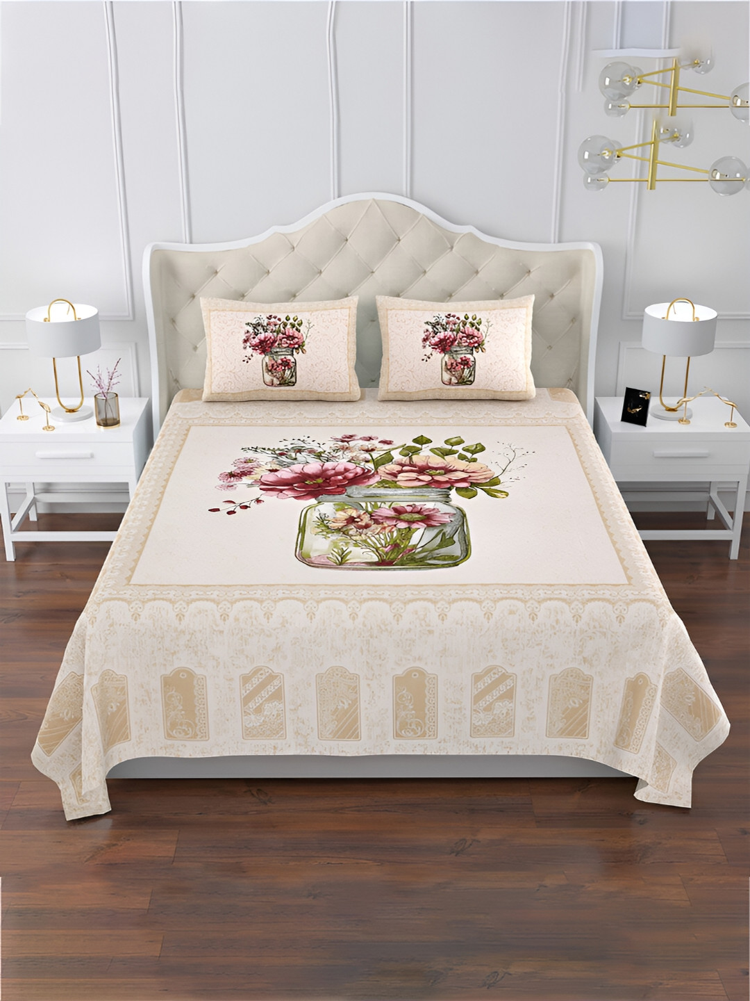 Kuber Industries Flower Pot Cream Floral Cotton Wrinkle Free 160 TC King Bedsheet with 2 Pillow Covers-107 x 90 inches
