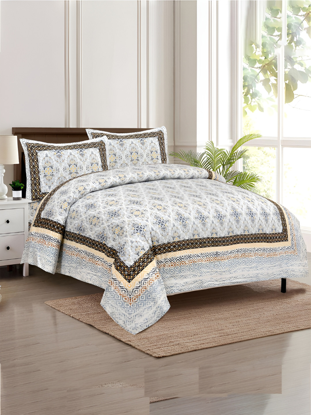 Kuber Industries Dezier Carpet Blue Graphic Cotton Wrinkle Free 160 TC King Bedsheet with 2 Pillow Covers-107 x 90 inches