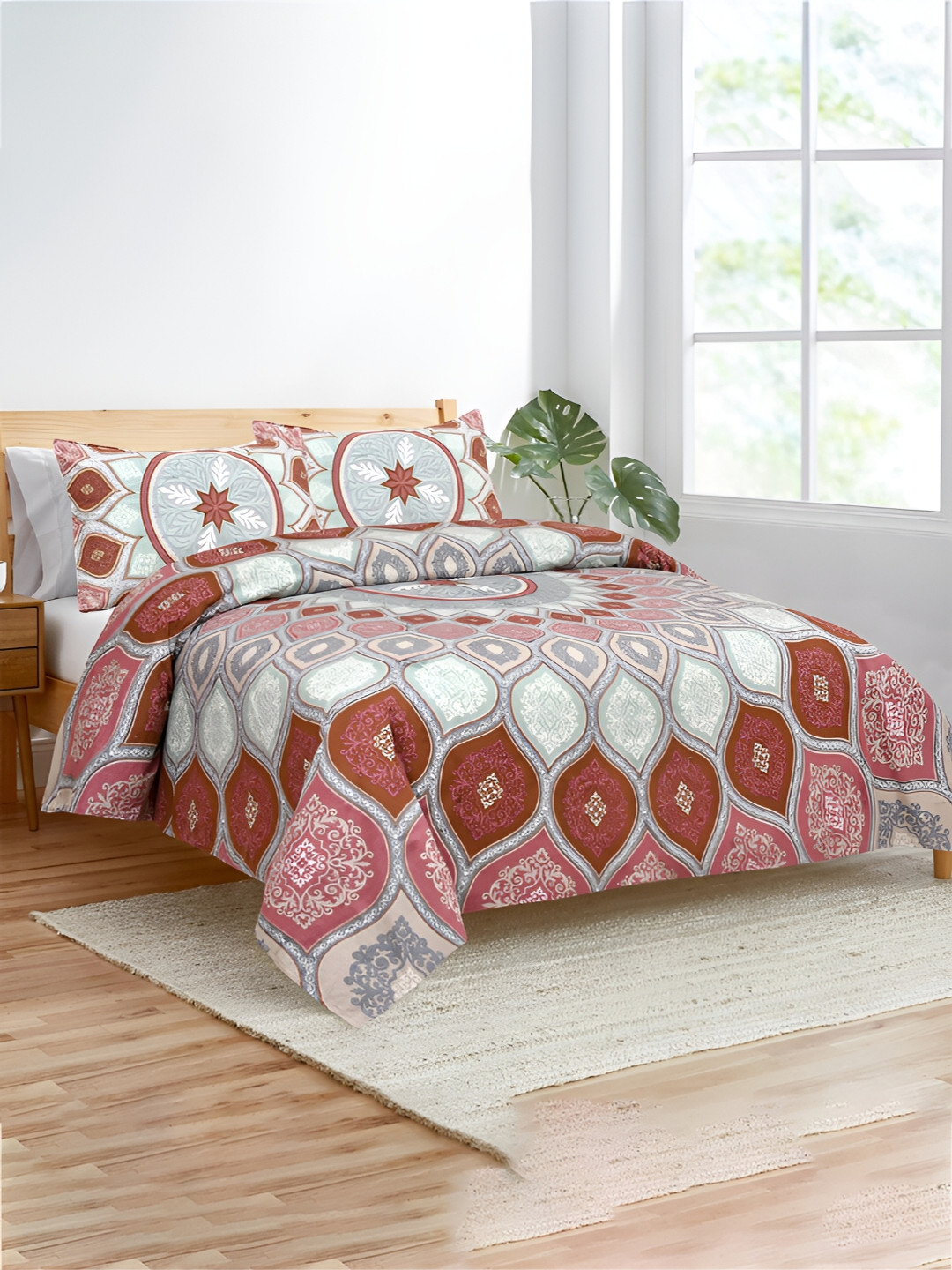 Kuber Industries Kaleen Leaf Maroon Ethnic Motifs Cotton 160 TC King Bedsheet with 2 Pillow Covers-107 x 100 inches