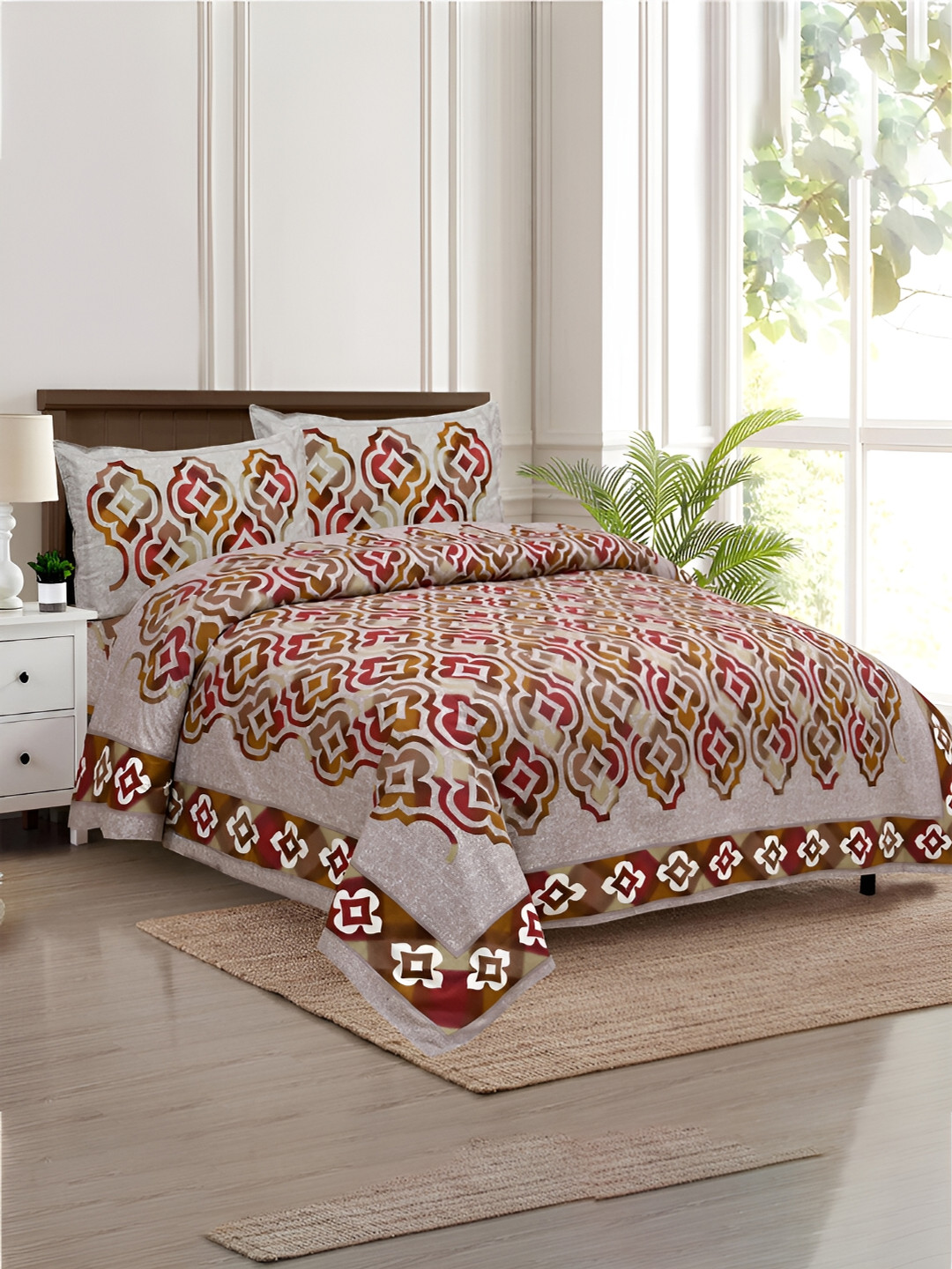 Kuber Industries Rusty Star Brown Floral Cotton Wrinkle Free 160 TC King Bedsheet with 2 Pillow Covers-107 x 100 inches