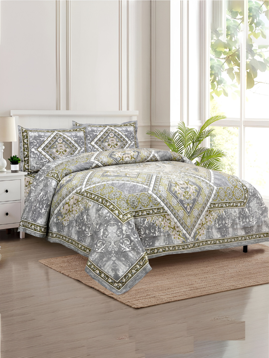 Kuber Industries Flower Square Grey Ethnic Motifs Cotton 160 TC King Bedsheet with 2 Pillow Covers-107 x 100 inches
