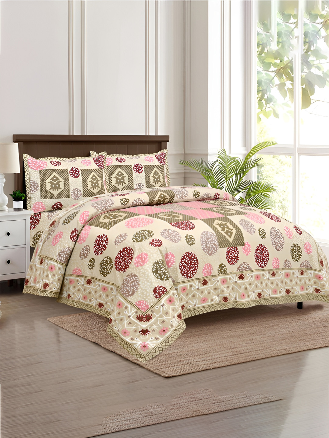 Kuber Industries Arabic Beauty Gola Beige Floral Cotton 160 TC King Bedsheet with 2 Pillow Covers-107 x 100 inches