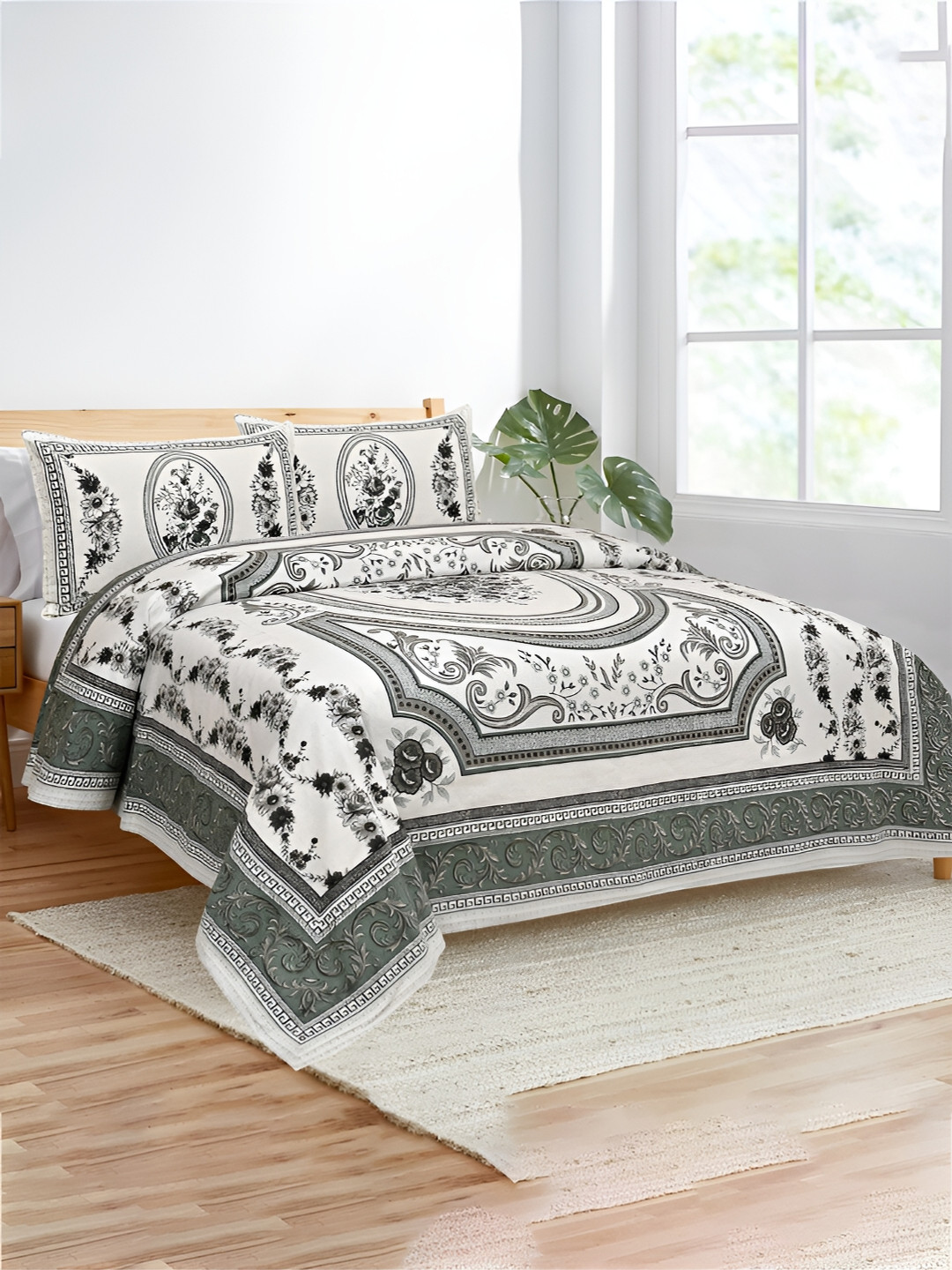 Kuber Industries Kaleen Flower White Graphic Cotton 160 TC King Bedsheet with 2 Pillow Covers-272 x 255 cm