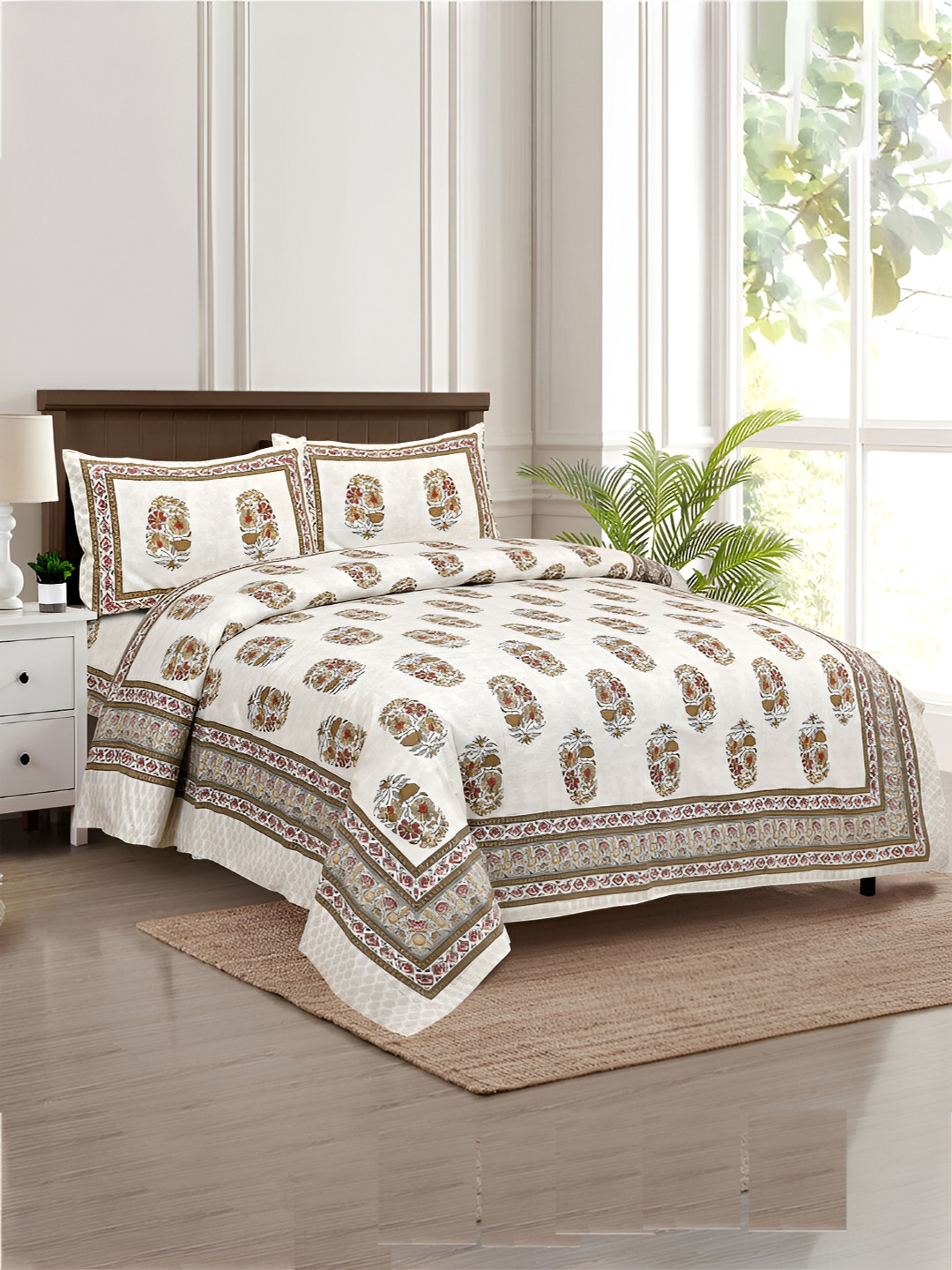 Kuber Industries Beige Ethnic Motifs Cotton Wrinkle Free 160 TC King Bedsheet with 2 Pillow Covers-107 x 90 inches