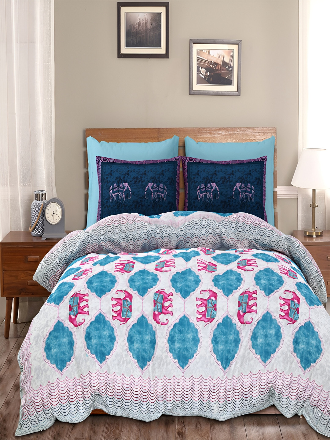 Kuber Industries Elephant Pink Ethnic Motifs Cotton Wrinkle Free 160 TC King Bedsheet with 2 Pillow Covers-107 x 90 inches