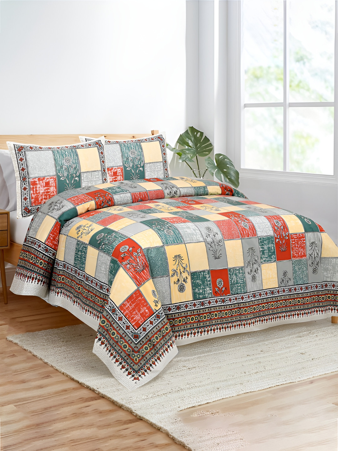 Kuber Industries Candy Flower Green Floral Cotton Wrinkle Free 160 TC King Bedsheet with 2 Pillow Covers-107 x 90 inches