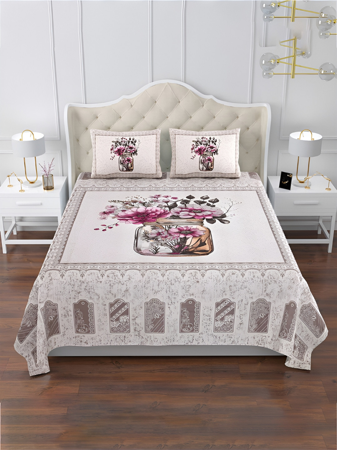 Kuber Industries Flower Pot Beige Graphic Cotton Wrinkle Free 160 TC King Bedsheet with 2 Pillow Covers-107 x 90 inches