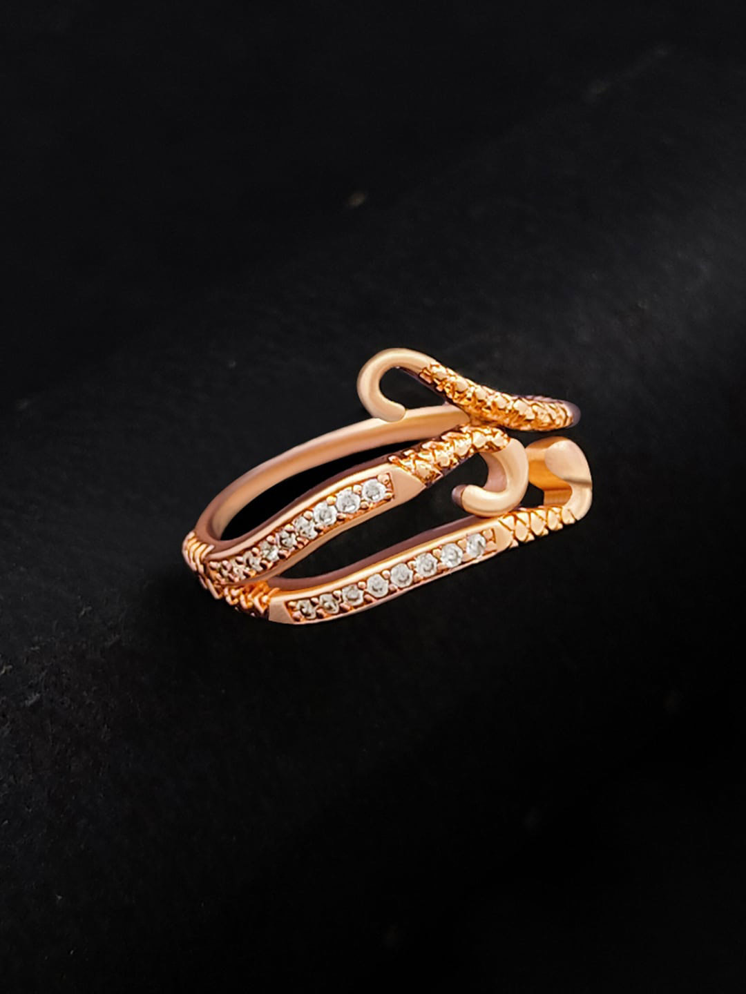 Saizen Stainless Steel Rose Gold Plated Cubic Zirconia Studded Finger Ring