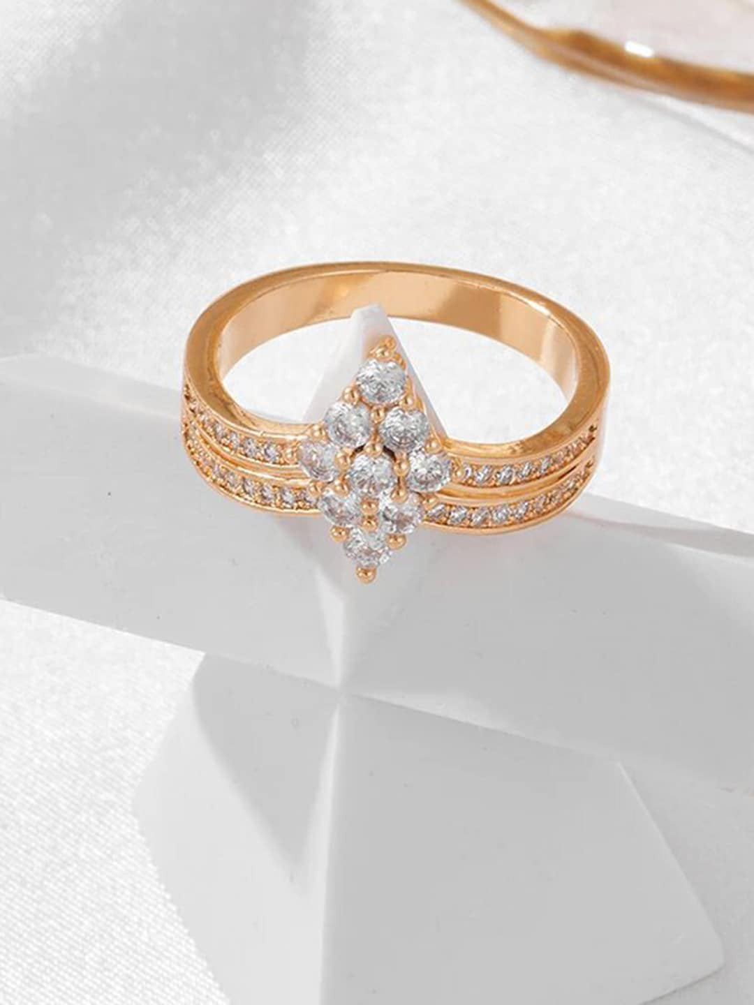 Saizen Stainless Steel Rose Gold Plated Cubic Zirconia Studded Finger Ring