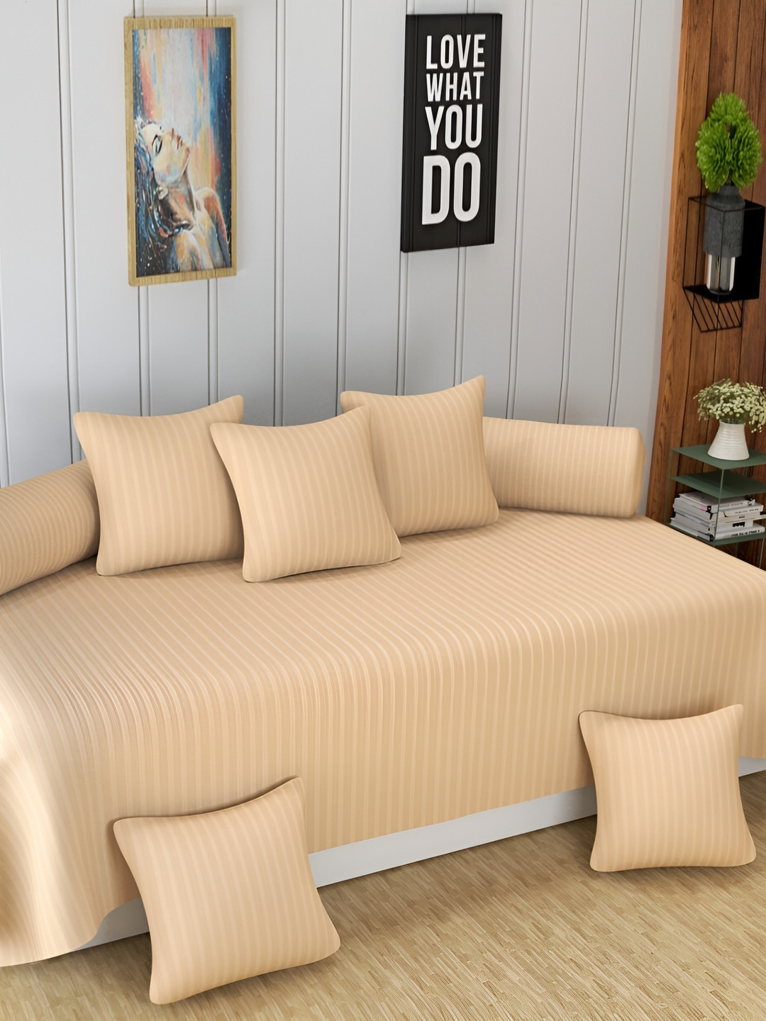 Homefab India 8 Pieces Peach Colored Cotton 180 TC Diwan Set