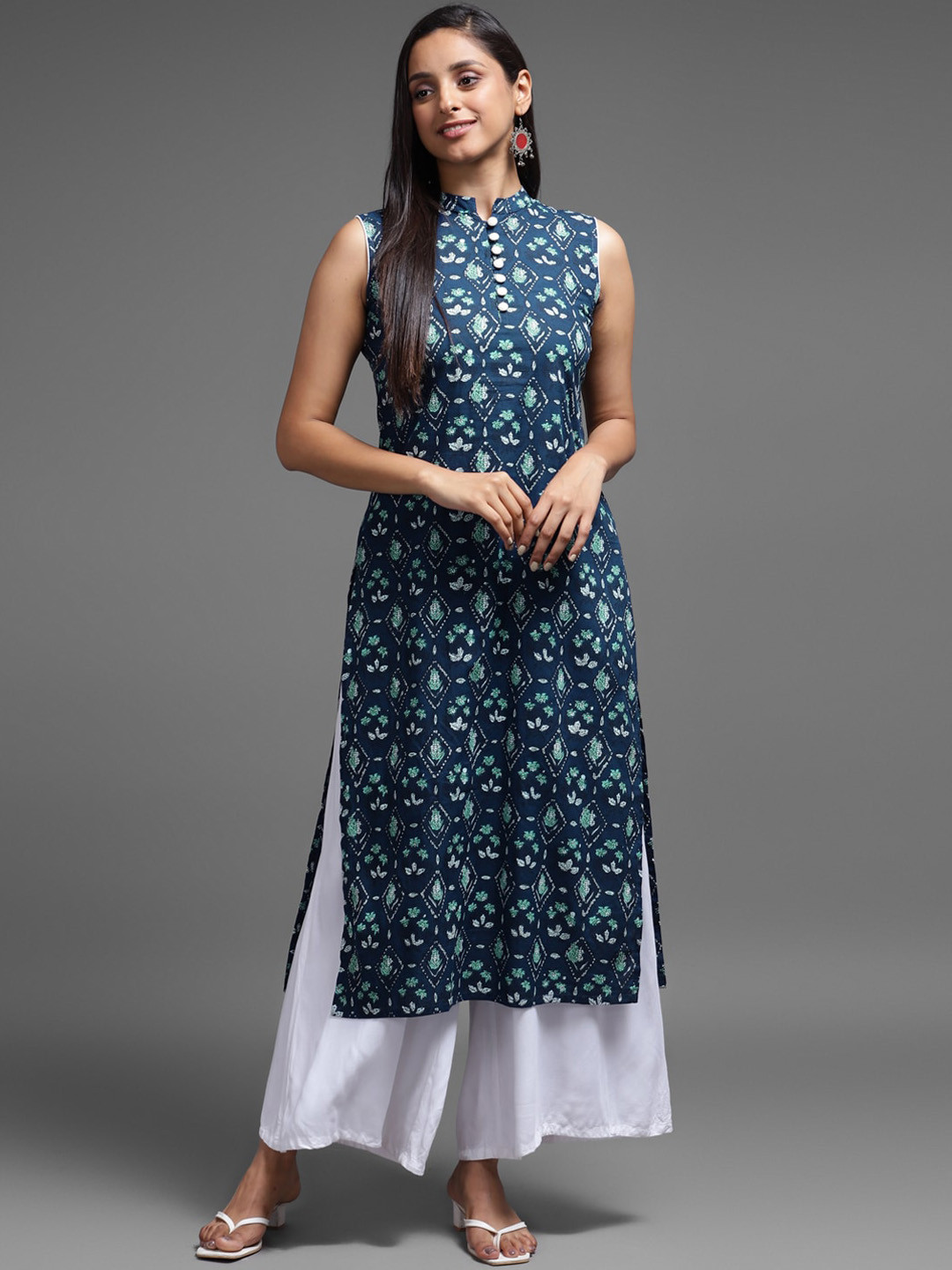 Cora Floral Printed Mandarin Collar Straight Cotton Kurta