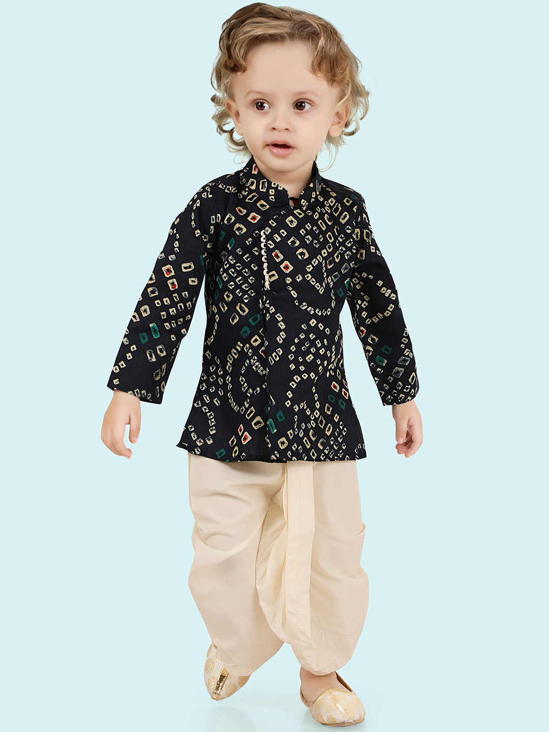 Ethniks Neu-Ron Boys Bandhani Printed Pure Cotton Straight Kurta With Dhoti Pants