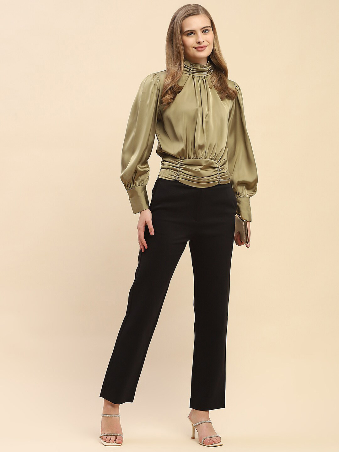 CAMLA High Neck Cuffed Sleeves Gathered Or Pleated Top