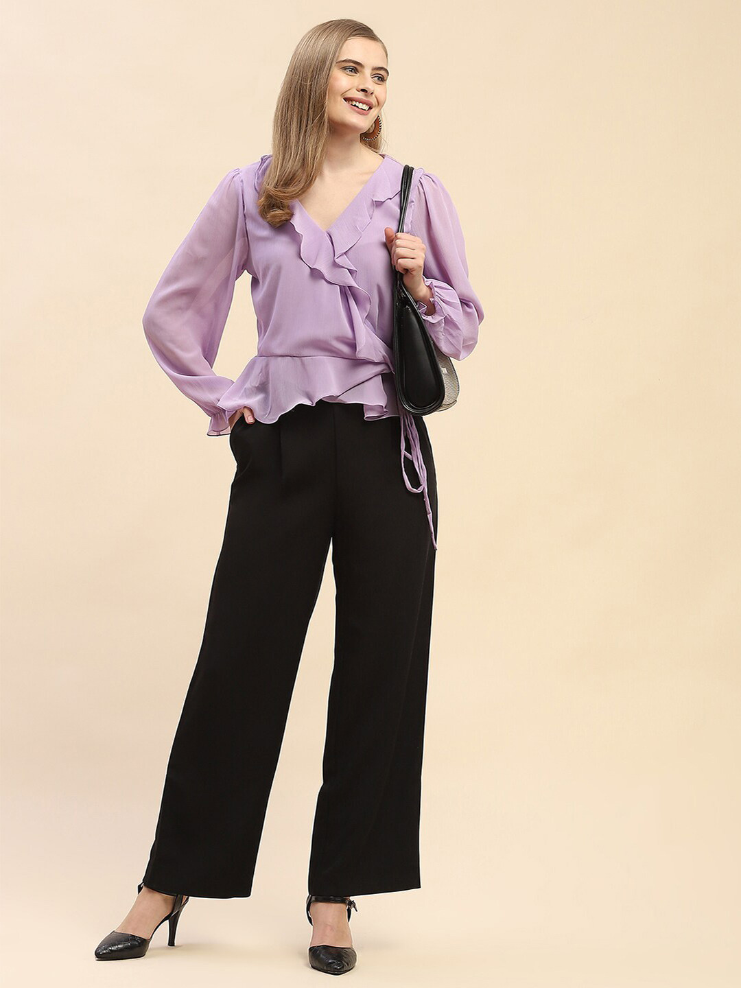 CAMLA V-Neck Cuffed Sleeves Ruffled Regular Top