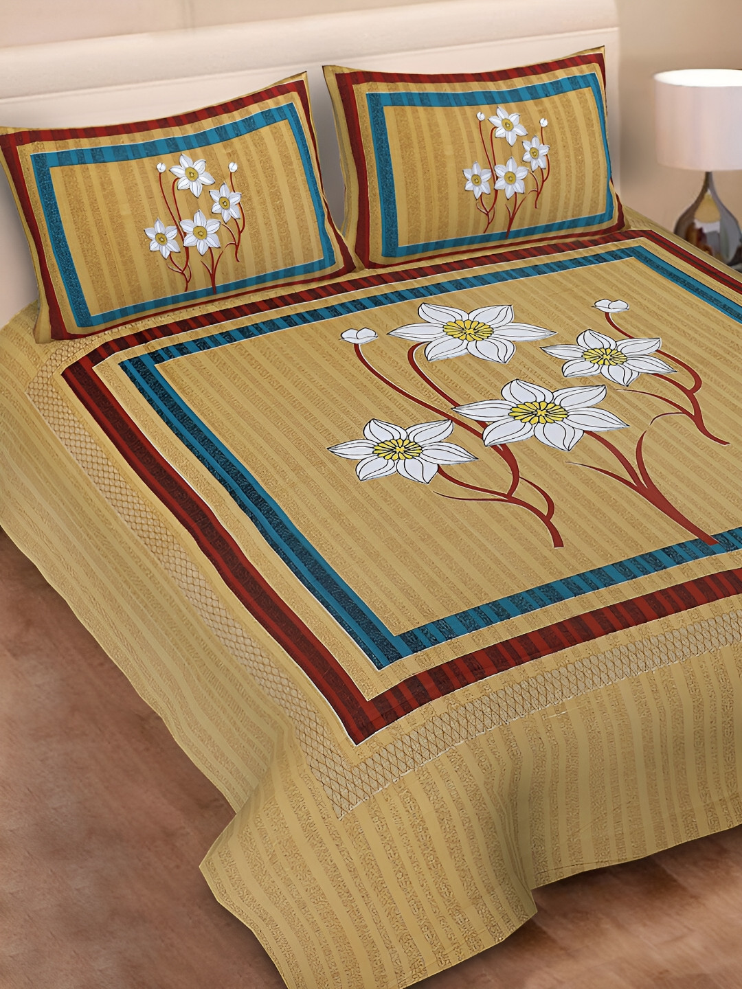 POORAK Yellow Floral Pure Cotton 104 TC Queen Coarse Bedsheet with 2 Pillow Covers-100 x 90 inches
