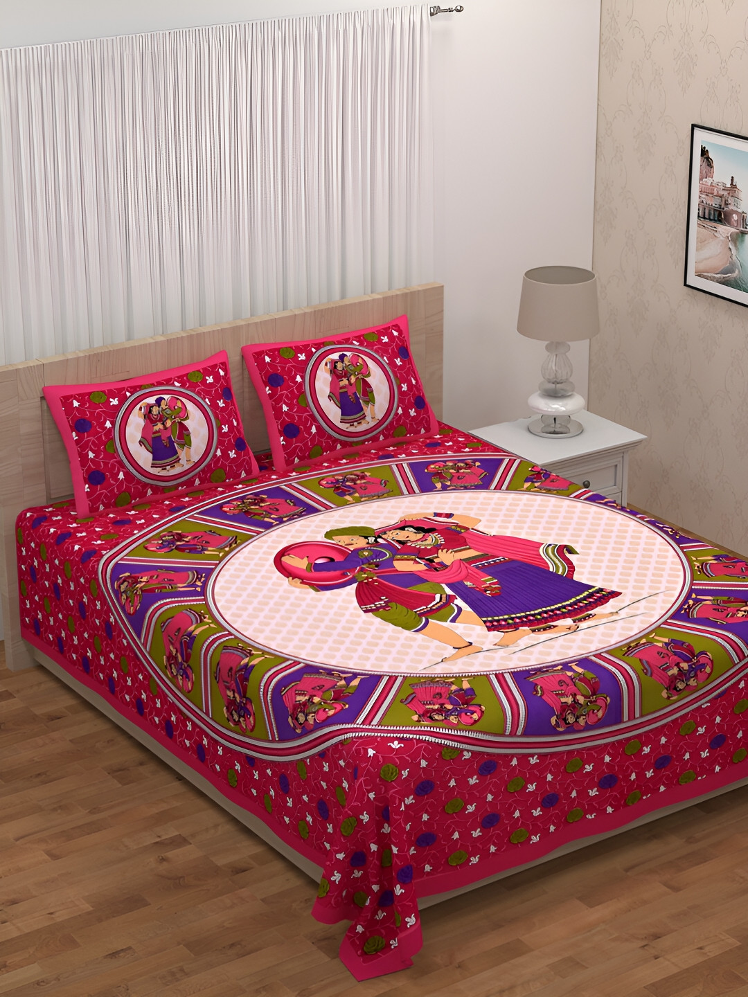 POORAK Red Graphic Cotton 104 TC Queen Coarse Bedsheet with 2 Pillow Covers-100 x 90 inches
