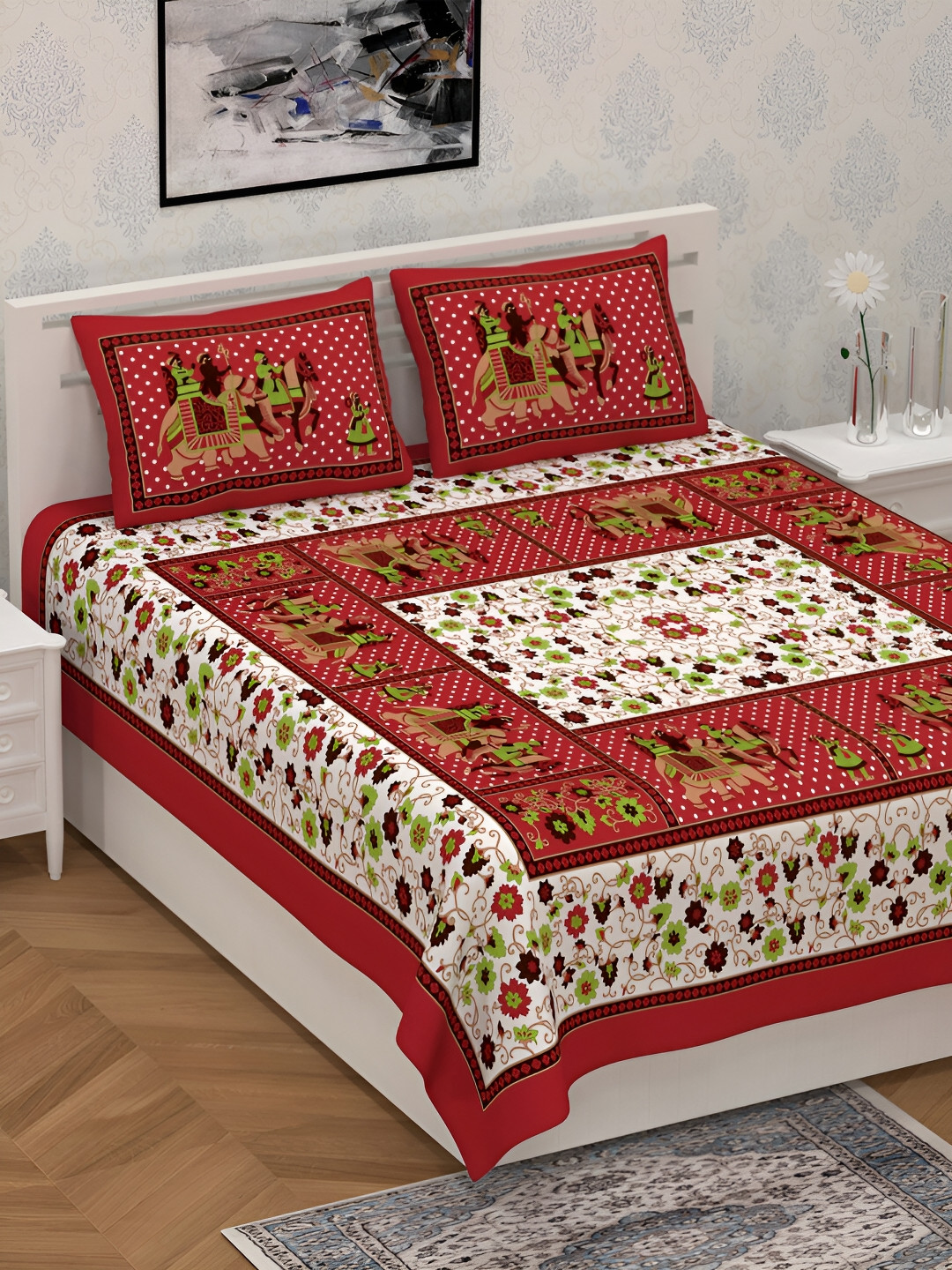 POORAK Red Graphic Pure Cotton 104 TC Double Coarse Bedsheet with 2 Pillow Covers-100 x 90 inches