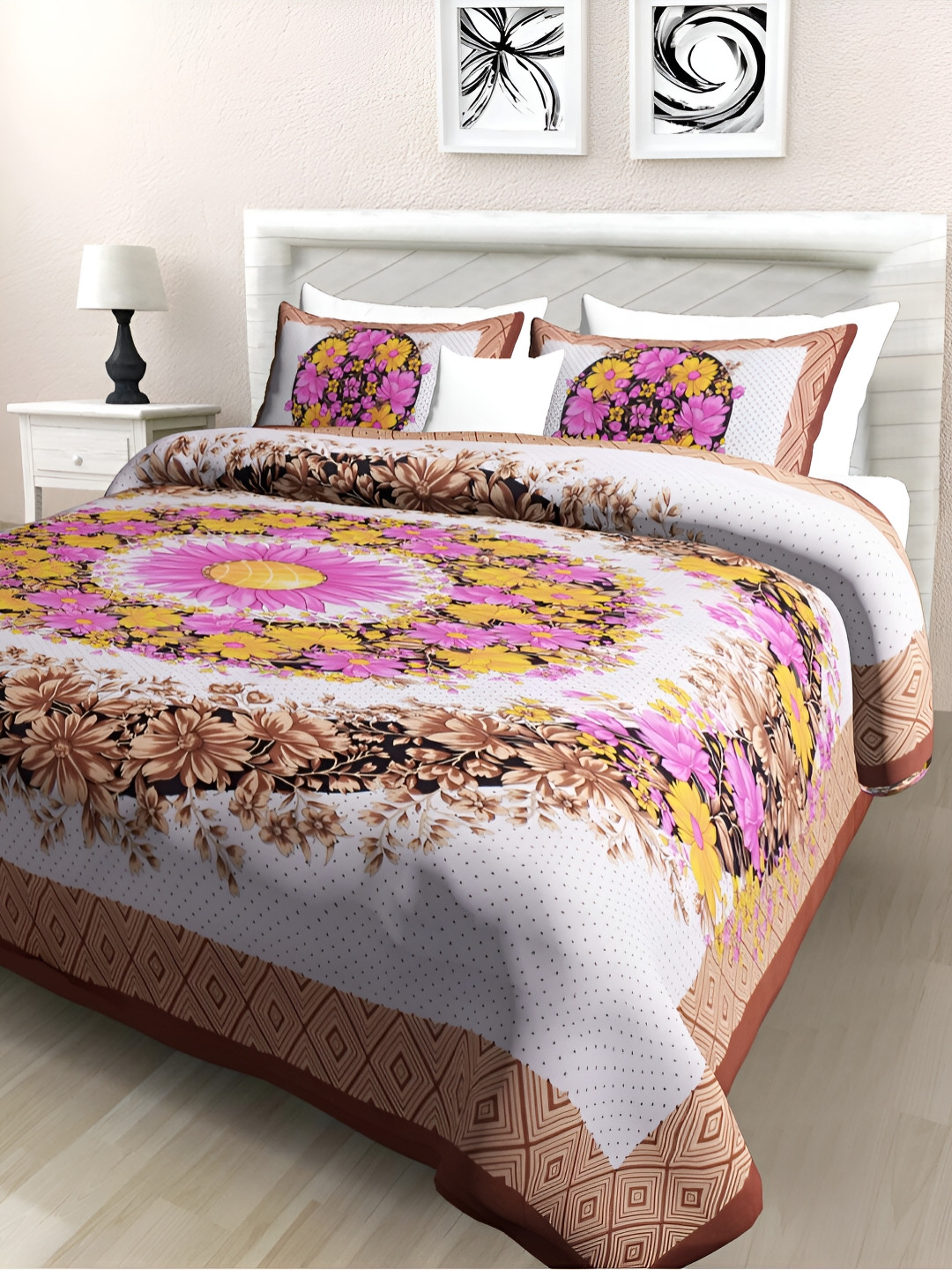 POORAK Brown Floral Cotton 104 TC Queen Coarse Bedsheet with 2 Pillow Covers-100 x 90 inches