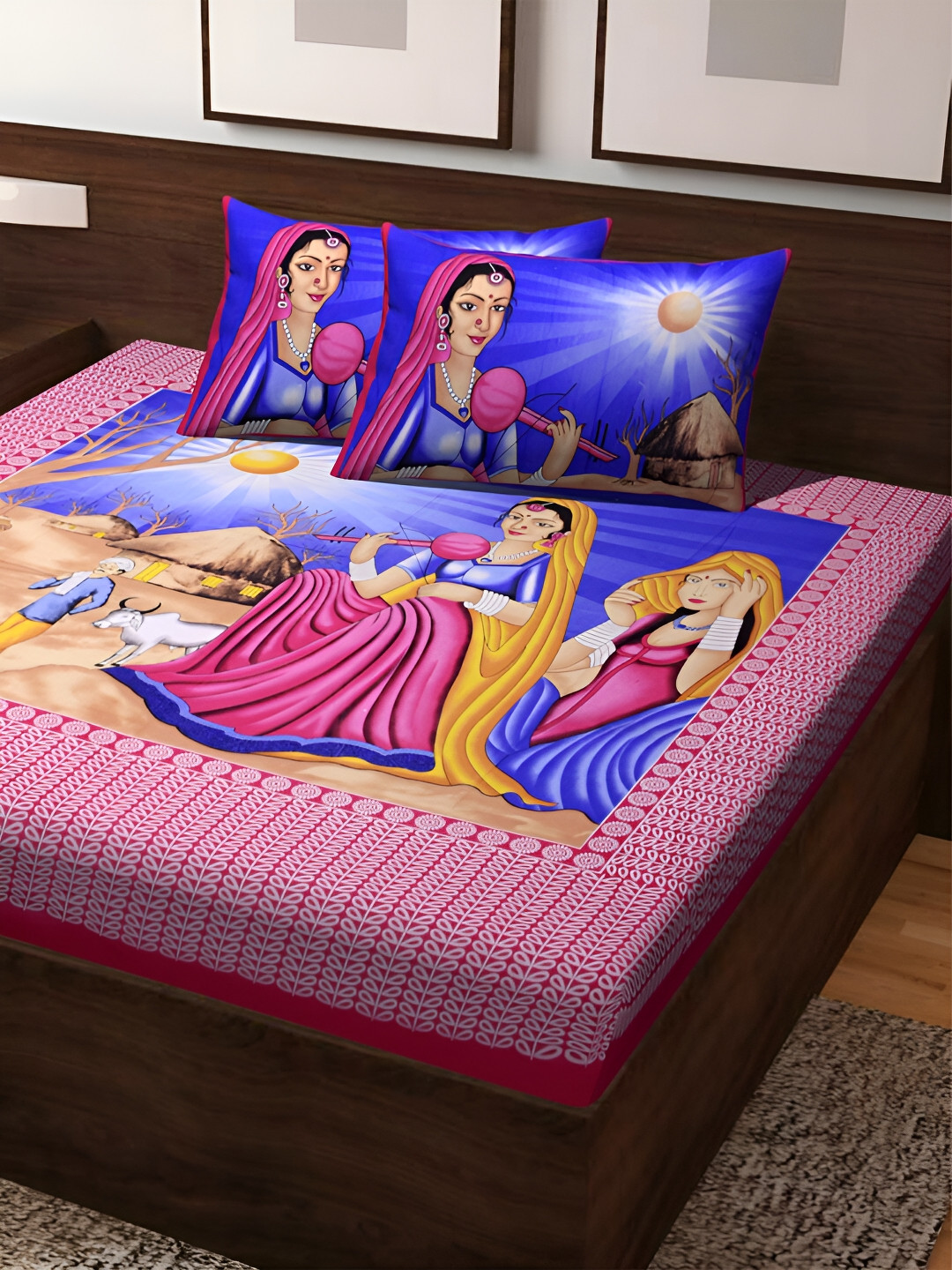 POORAK Pink Graphic Pure Cotton Wrinkle Free 104 TC Queen Coarse Bedsheet with 2 Pillow Covers-100 x 89 inches