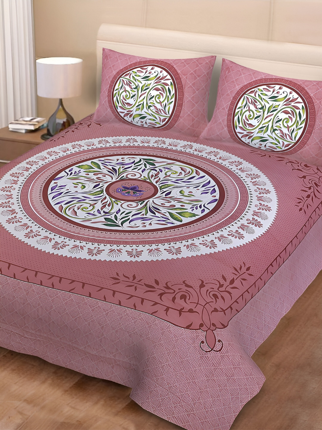 POORAK Elevate Pink Floral Cotton 104 TC Queen Coarse Bedsheet with 2 Pillow Covers-100 x 90 inches