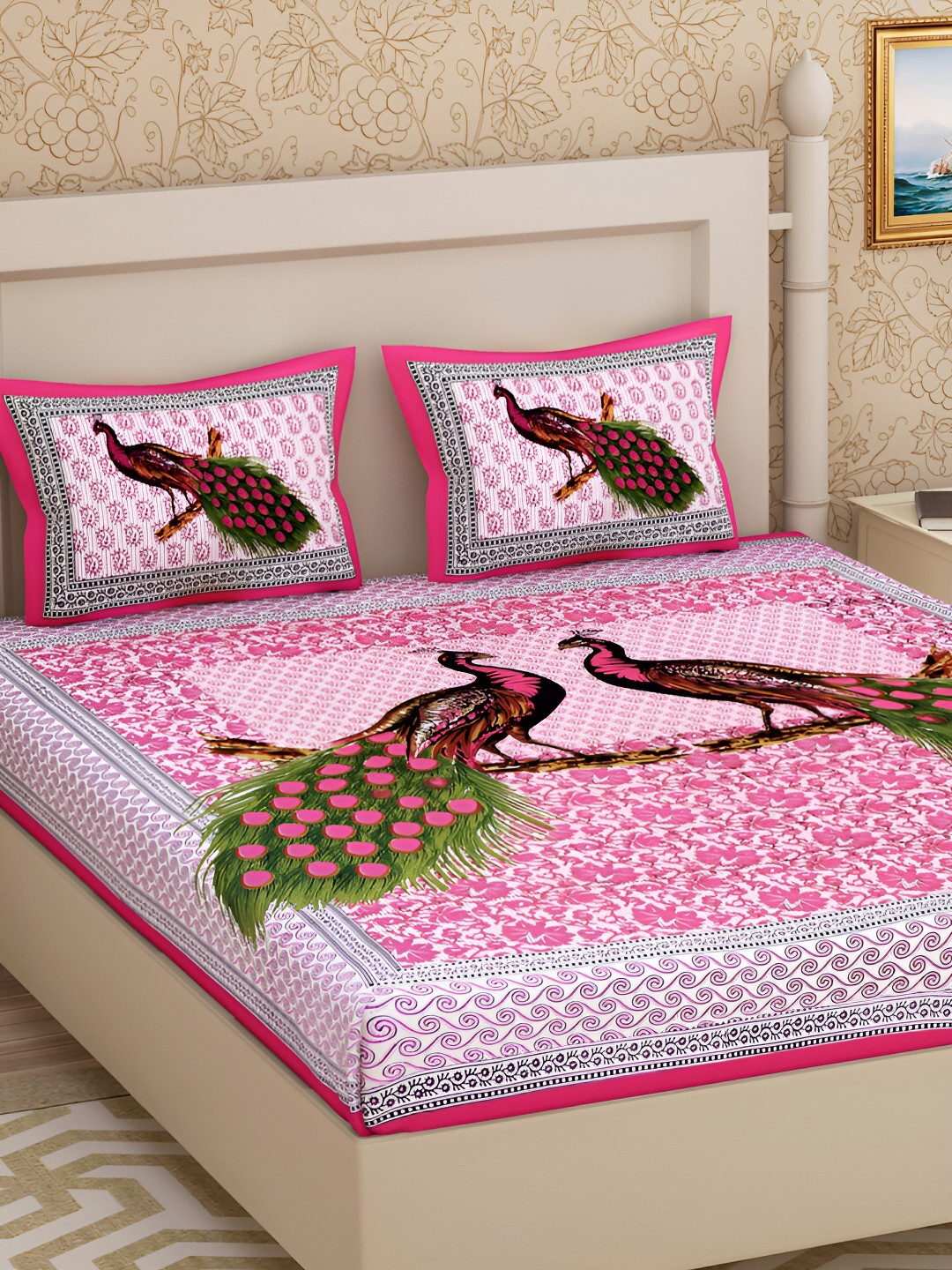 POORAK Pink Ethnic Motifs Pure Cotton 104 TC Fitted Queen Coarse Bedsheet with 2 Pillow Covers-100 x 90 inches