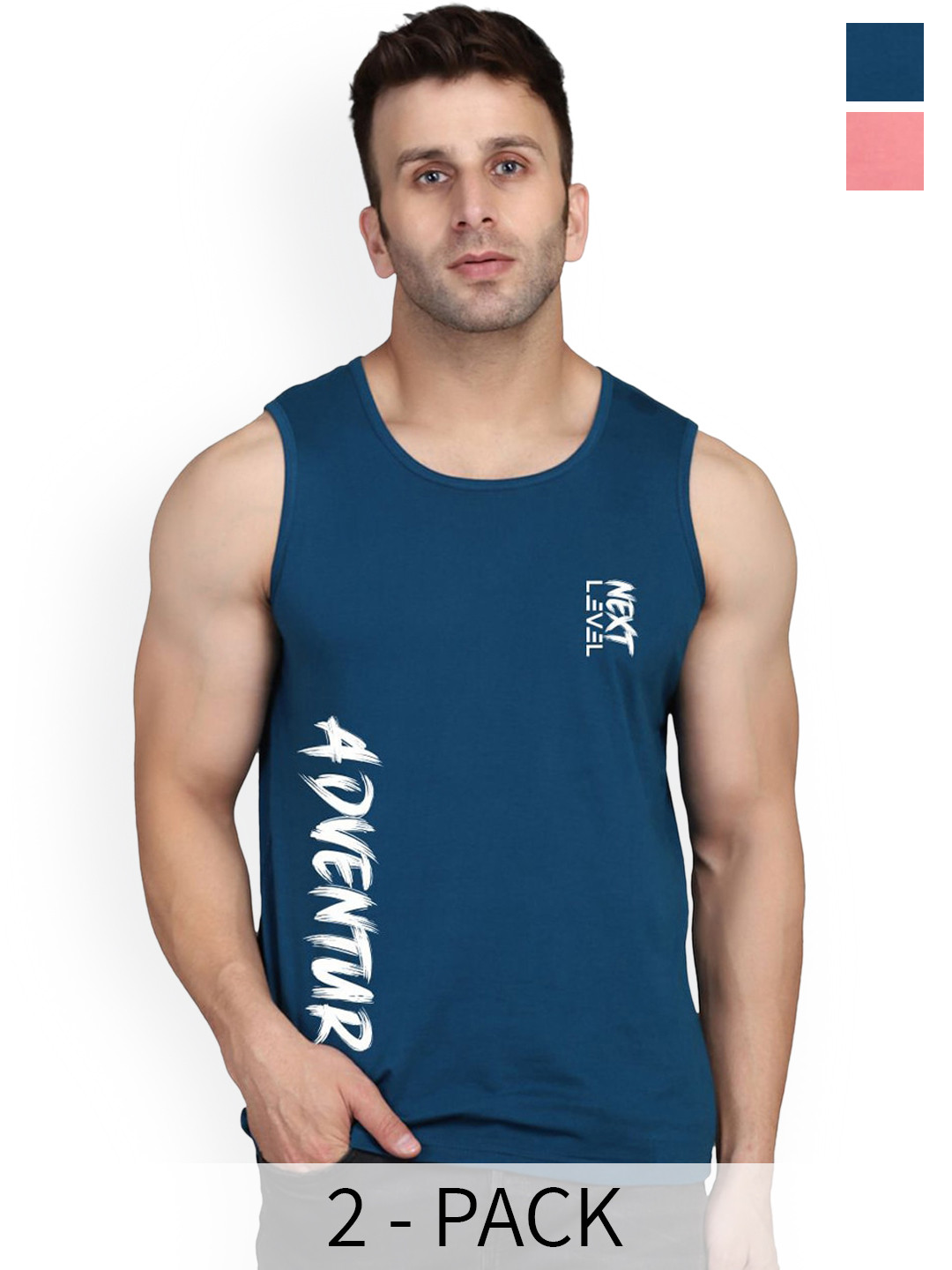 SLOWLORIS Pack Of 2 Bio-Wash Combed Cotton Innerwear Vest SL26 (PEACH KEEP) (PEACOCK ADV)