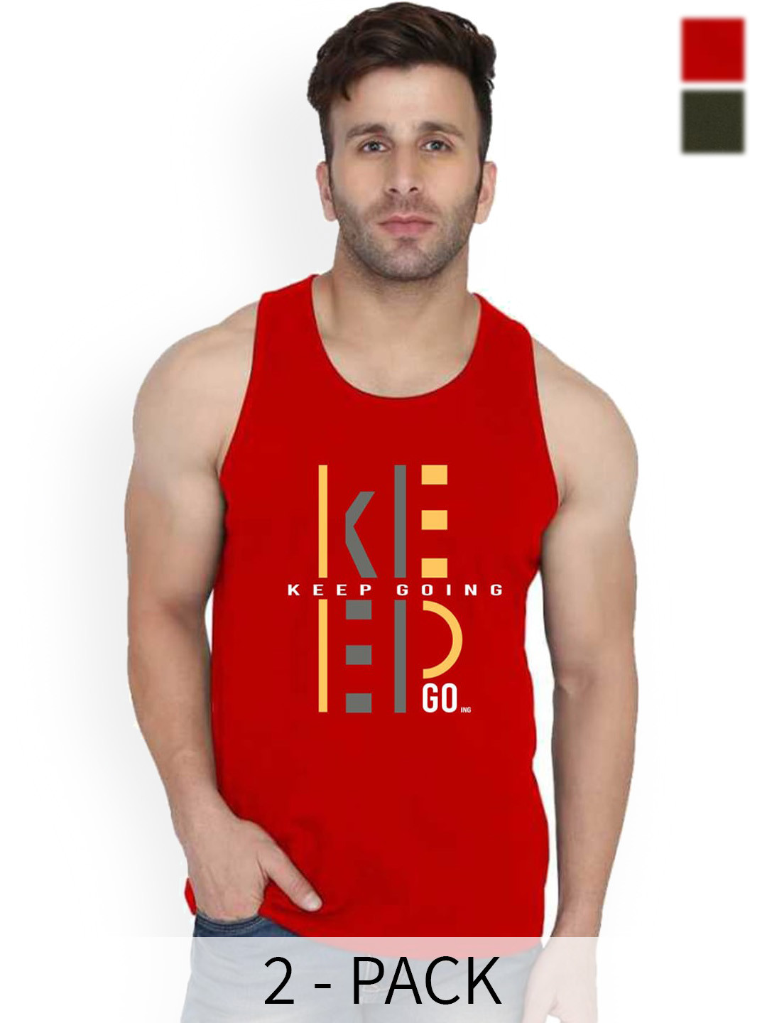 SLOWLORIS Pack Of 2 Bio-Wash Combed Cotton Innerwear Vest SL26 (RED KEEP) (OLIVE ADV)