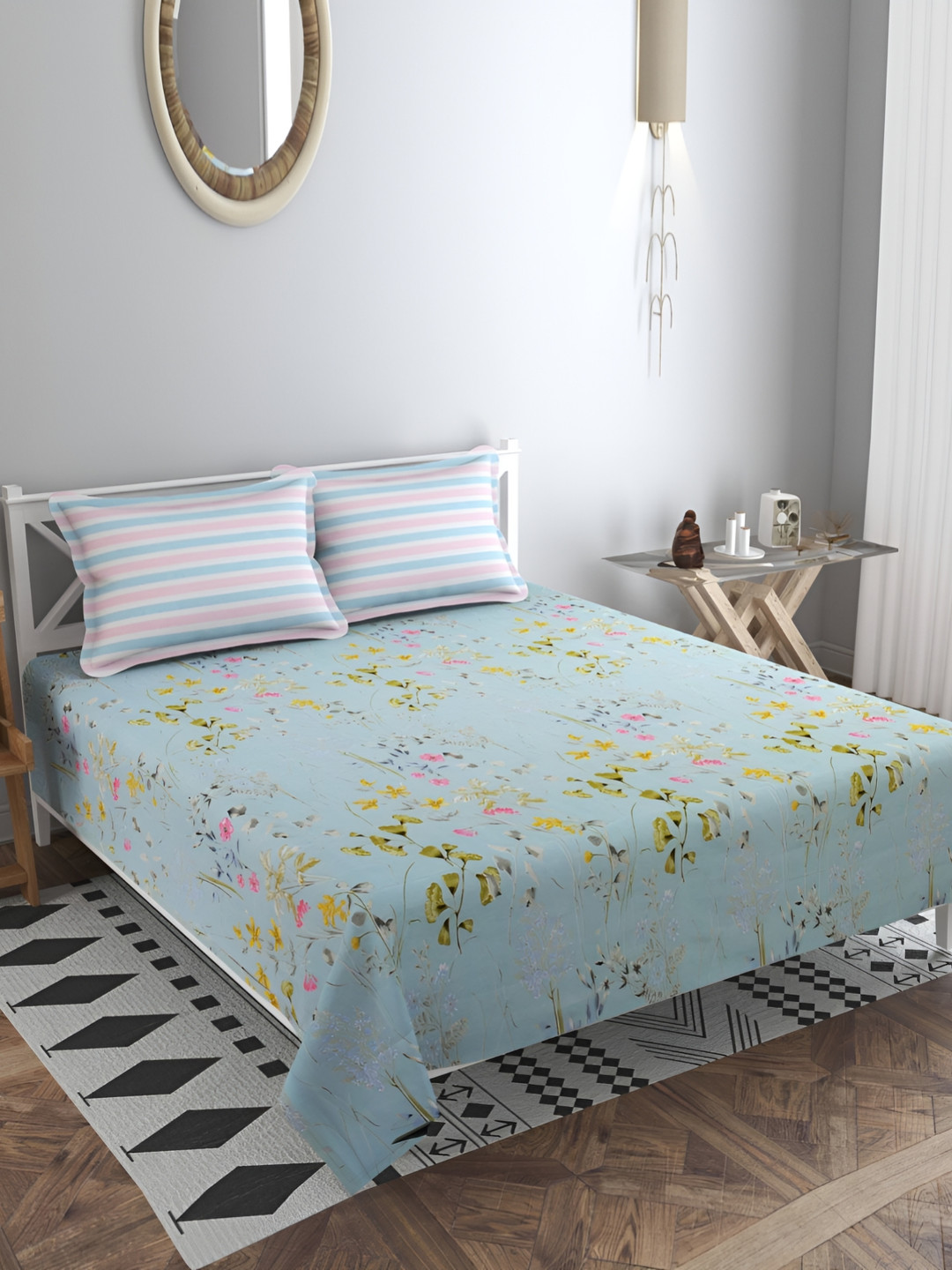 bsb home Premium Kingston Blue Floral Cotton 180 TC King Superfine Bedsheet with 2 Pillow Covers-108 x 108 inches