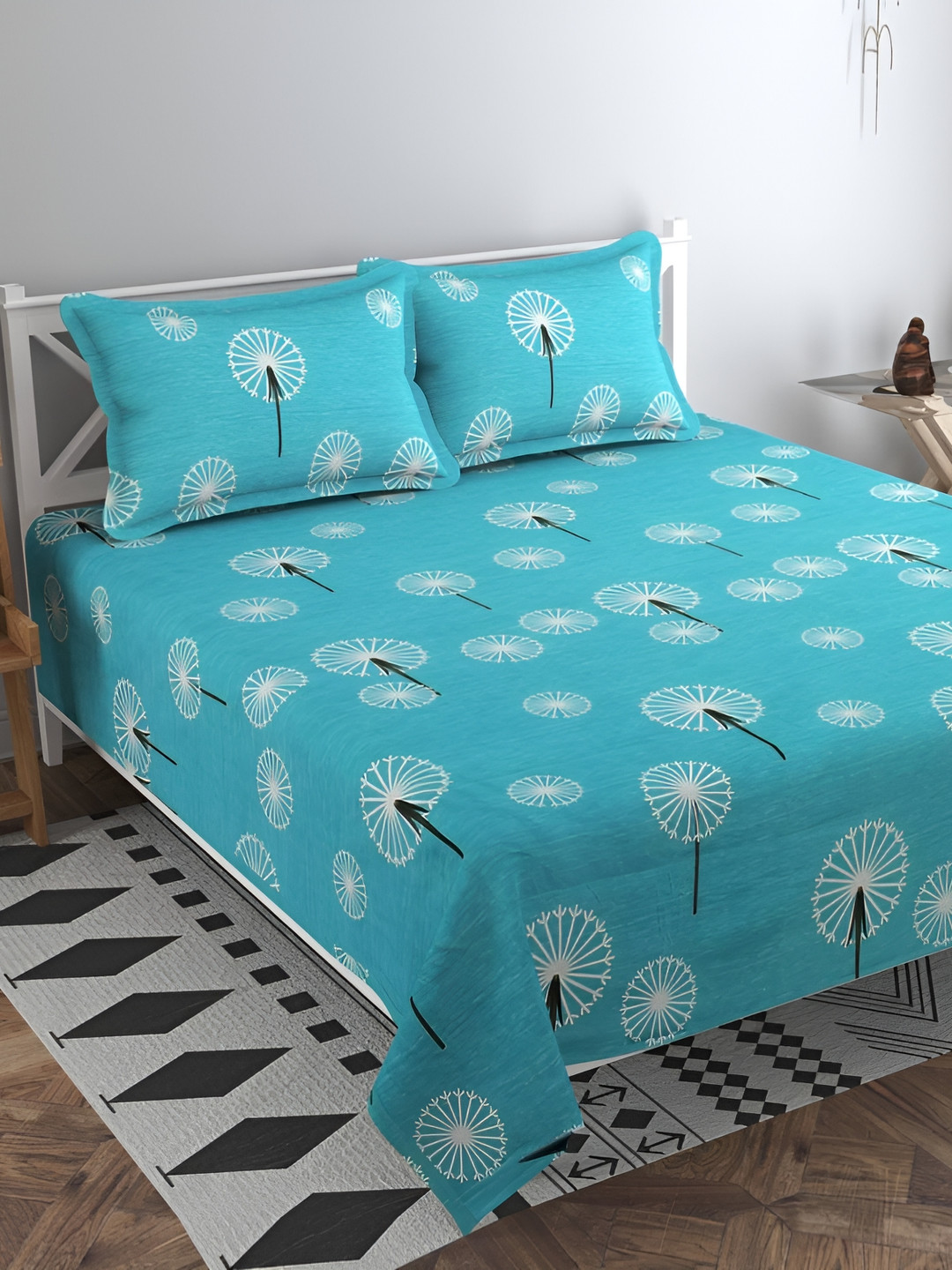 bsb home Premium Kingston White Graphic Cotton 180 TC King Superfine Bedsheet with 2 Pillow Covers-108 x 108 inches