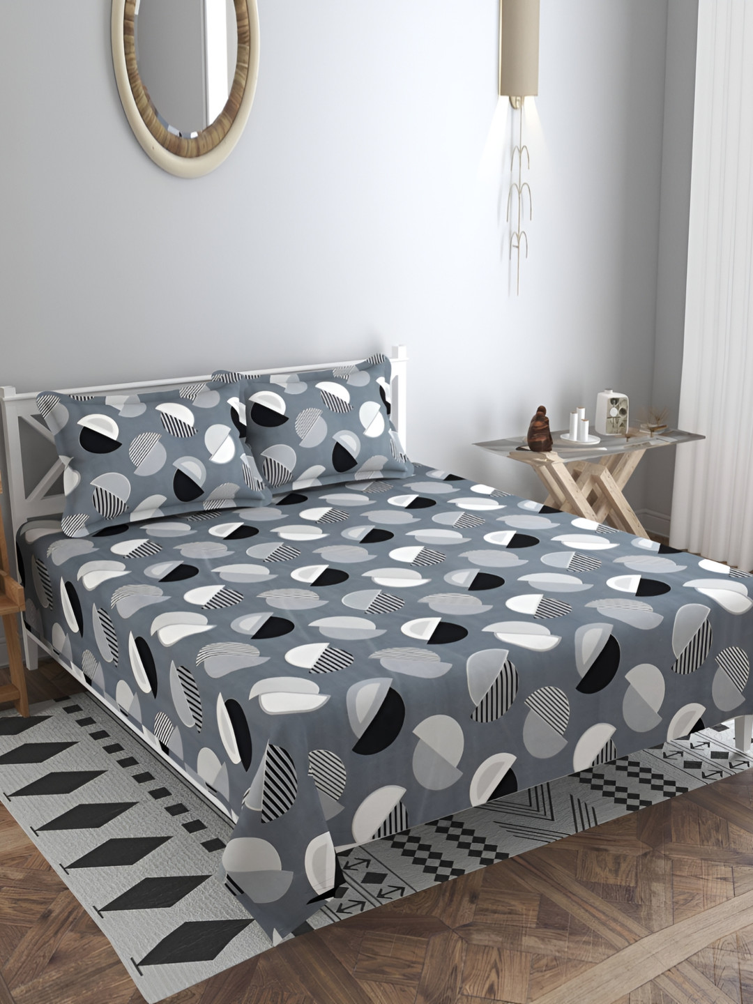 bsb home Premium Kingston Black Geometric Cotton 220 TC King Fine Bedsheet with 2 Pillow Covers-108 x 108 inches